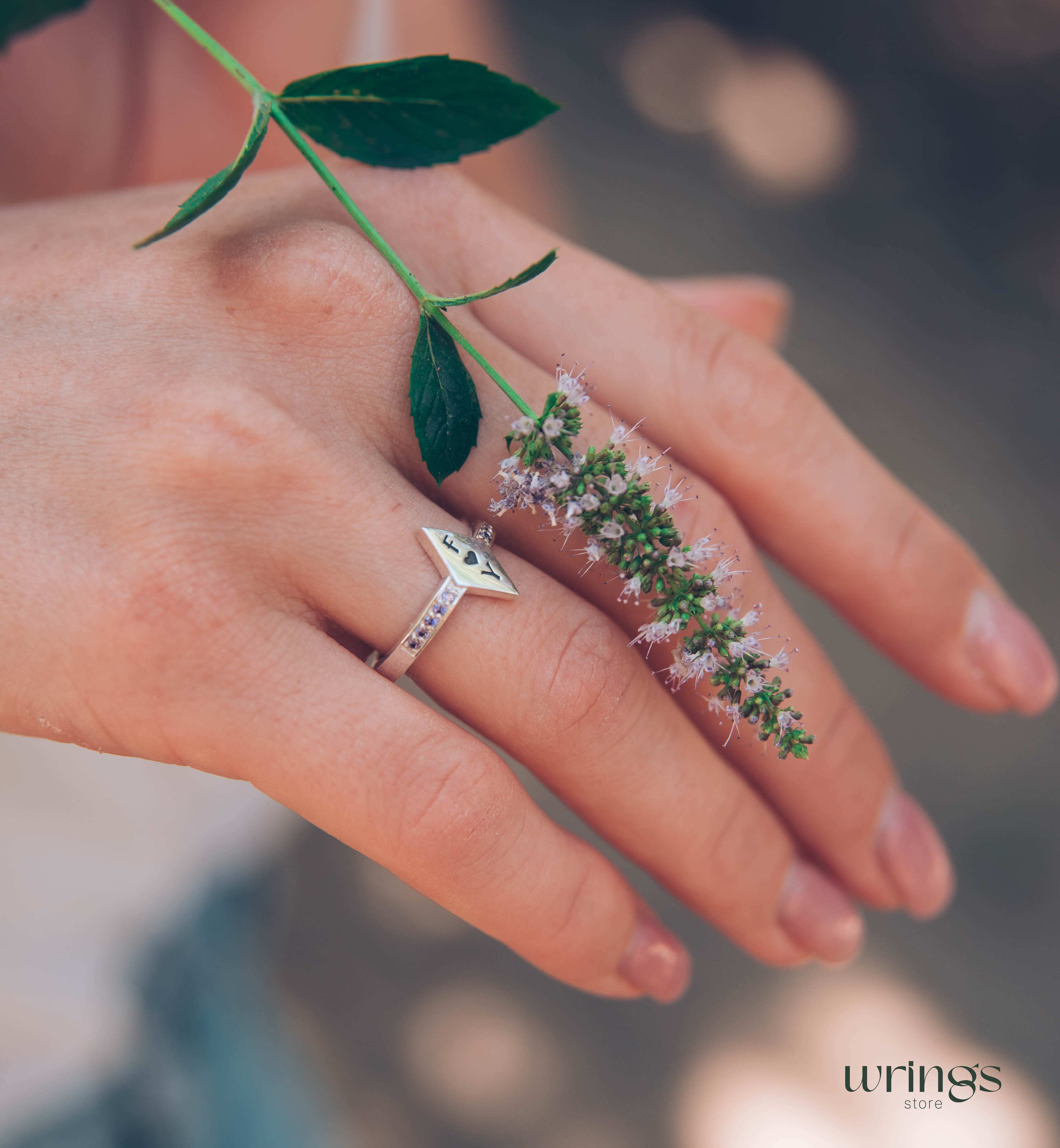 Personalized Promise Ring - Rhombus Head, Amethysts & Letters