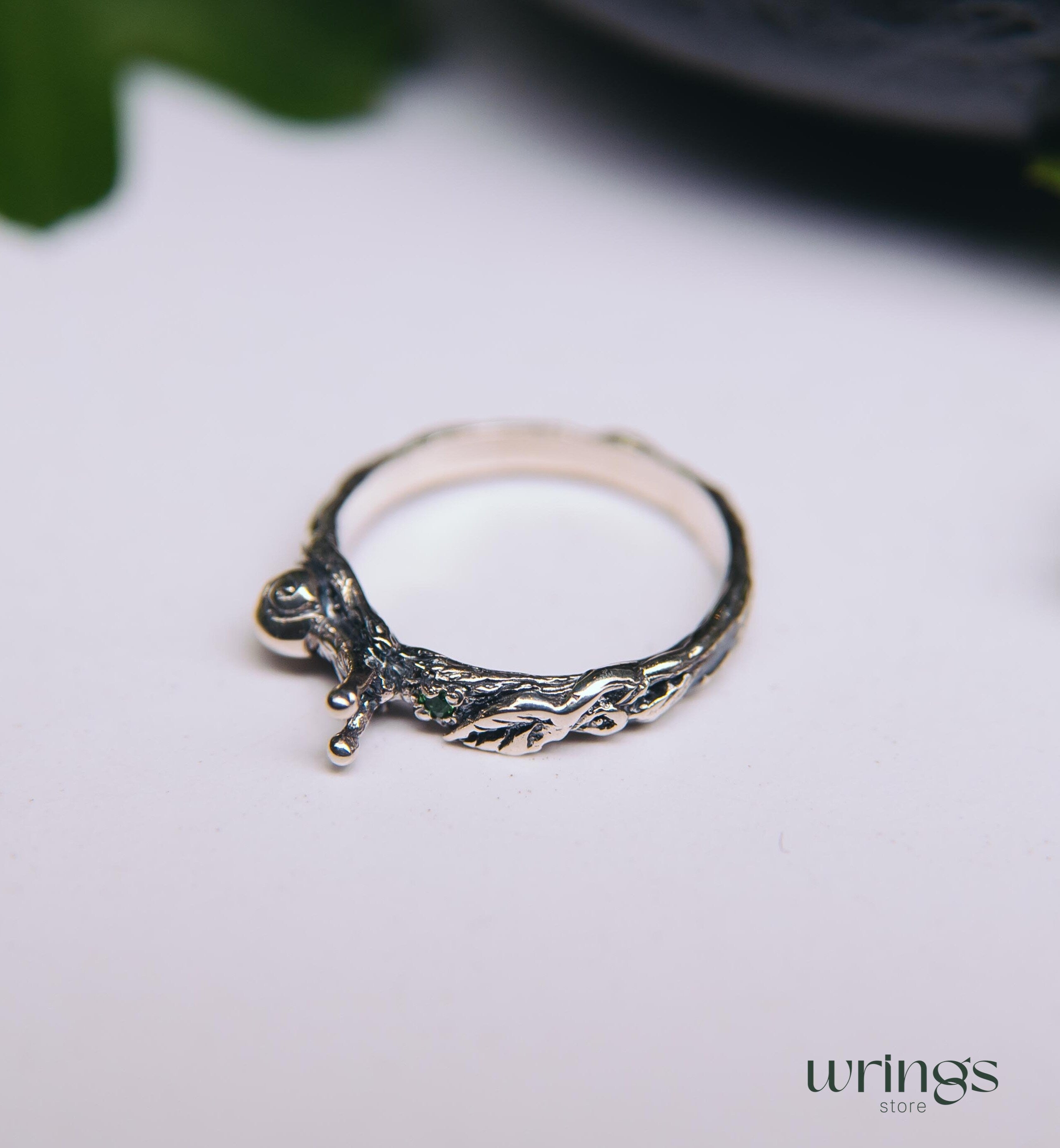 Snail on a Tiny Silver Twig with Leaf Emerald Ring