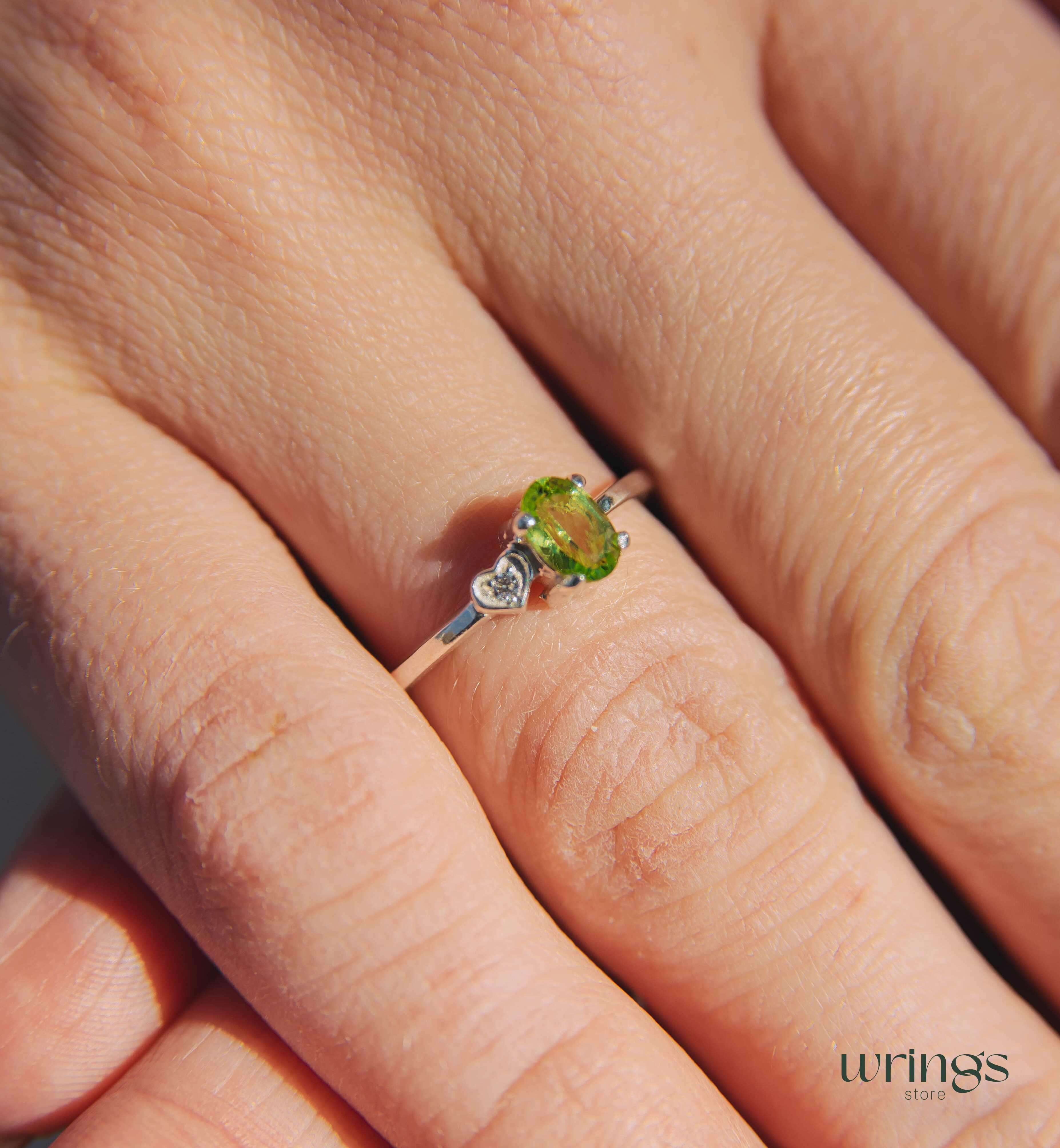 Vertical Oval Peridot Engagement Ring Silver & Heart