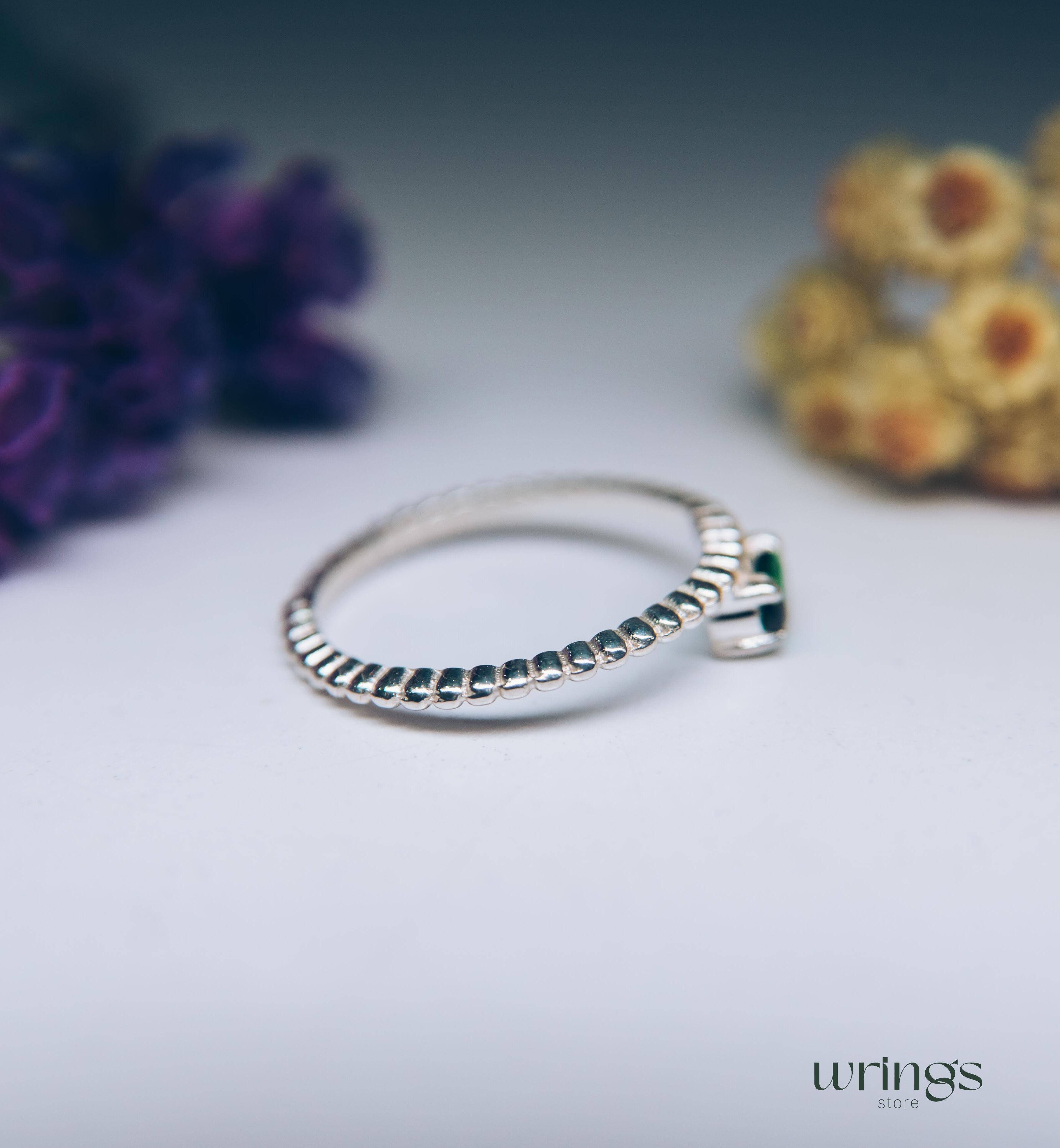 Thin Silver Beaded Engagement Ring with Green Tourmaline