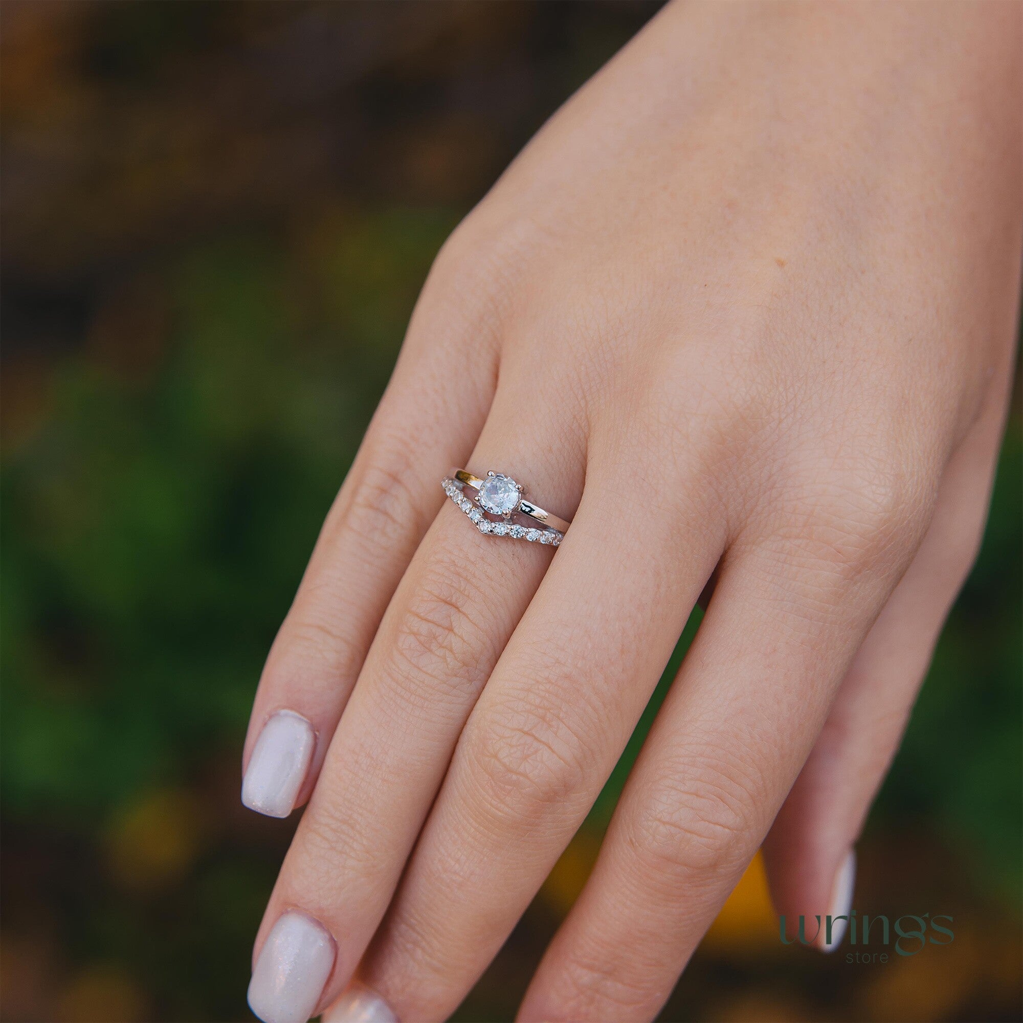 Chevron & CZ Simulated Diamond Silver Engagement Ring