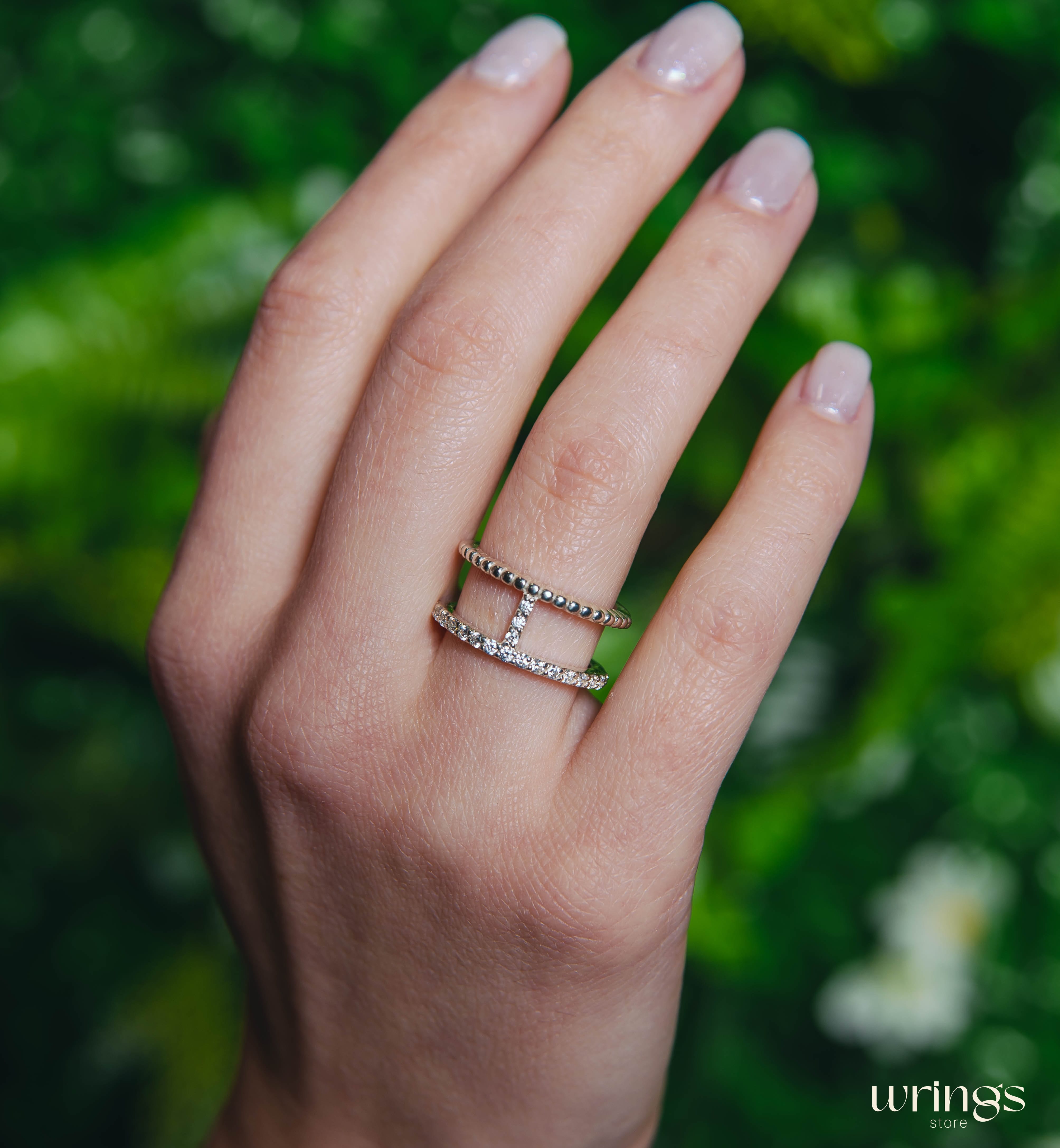 Double Band Statement Ring Diamonds and Beaded Style