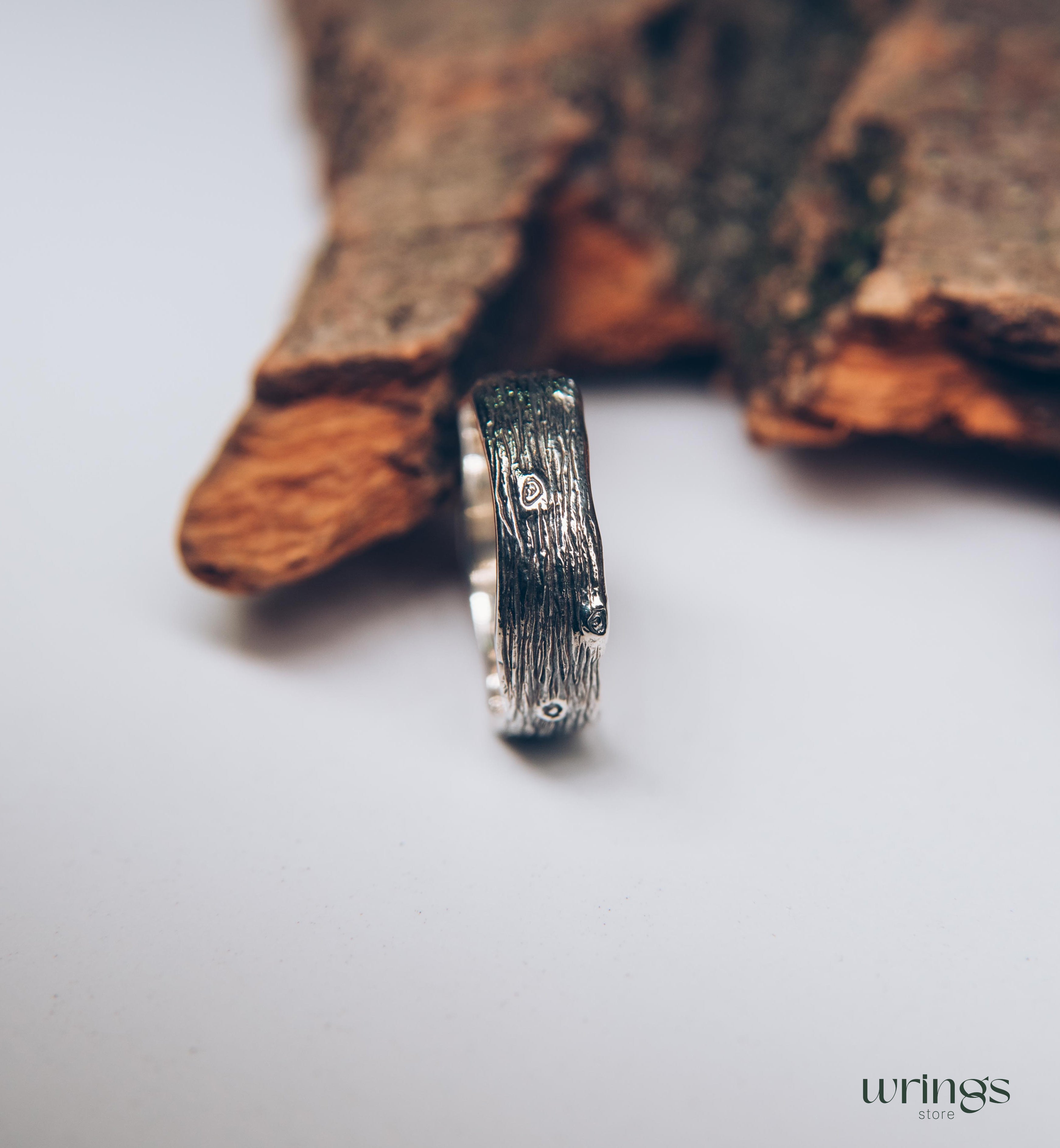 Unusual Tree bark and Stumps Silver Wedding Band Unisex