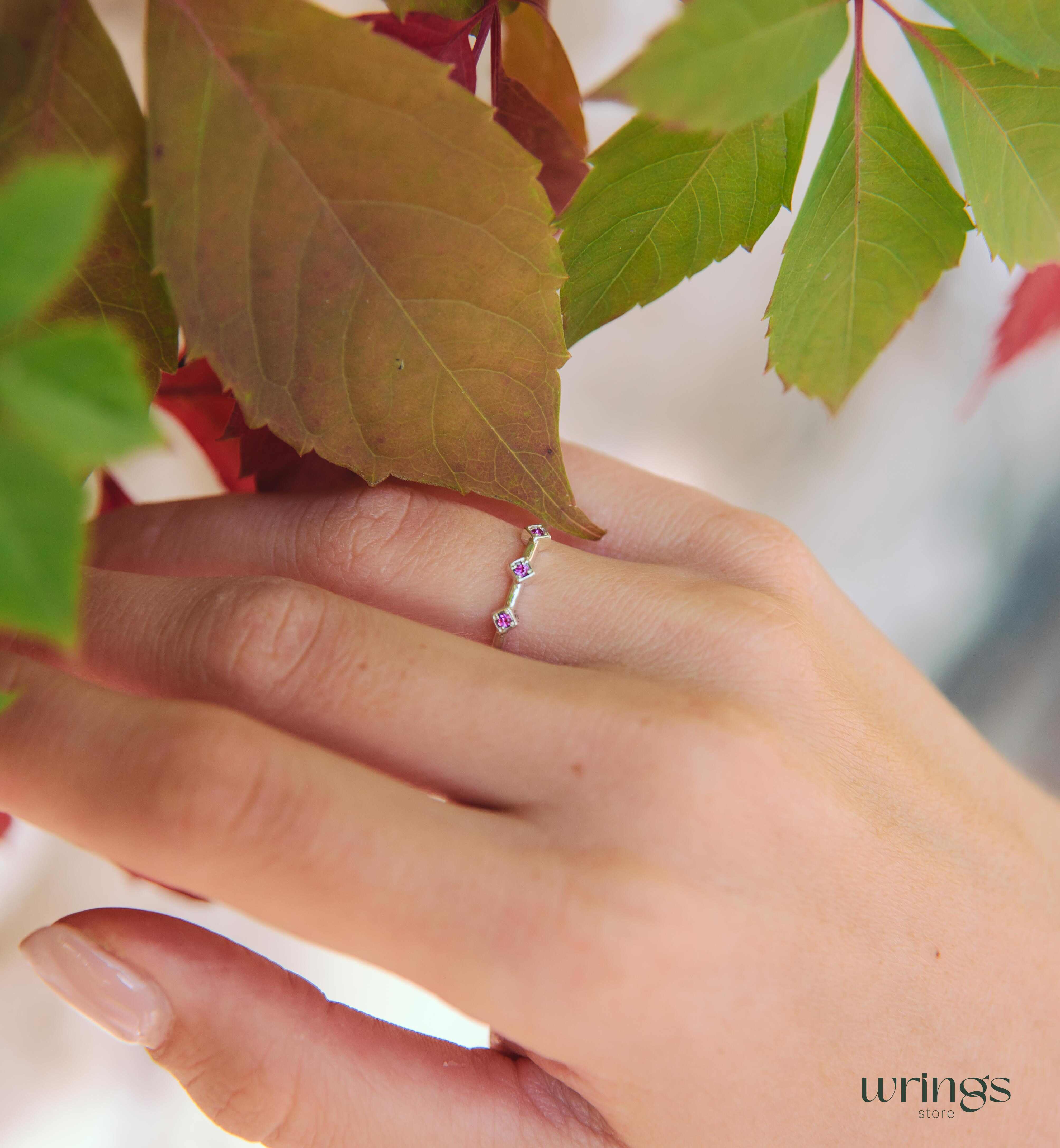 3 Rubies Minimalist Thin Silver Ring July Birth Stone