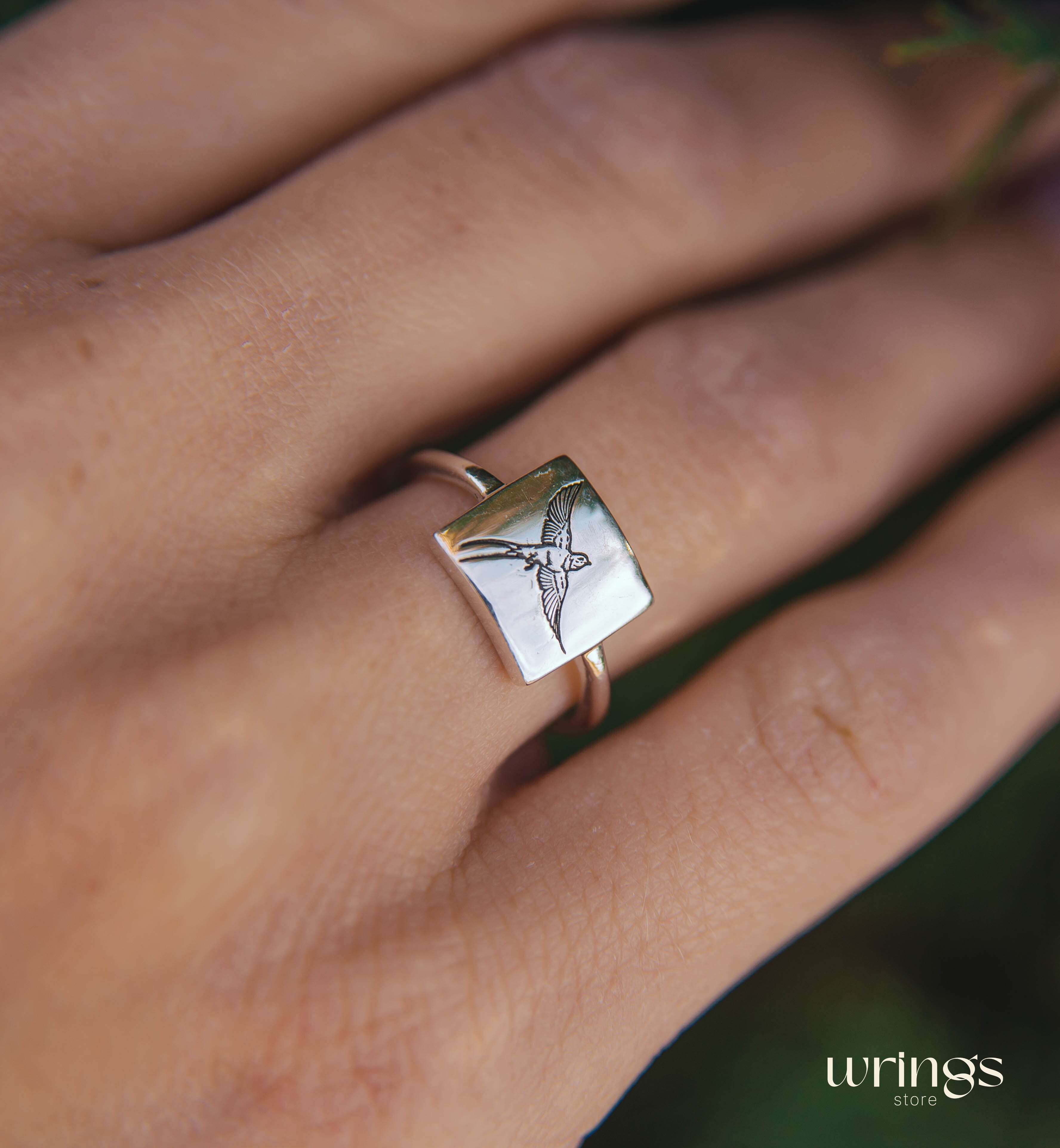 Engraved Swallow Bird Square Silver Signet Ring Womens