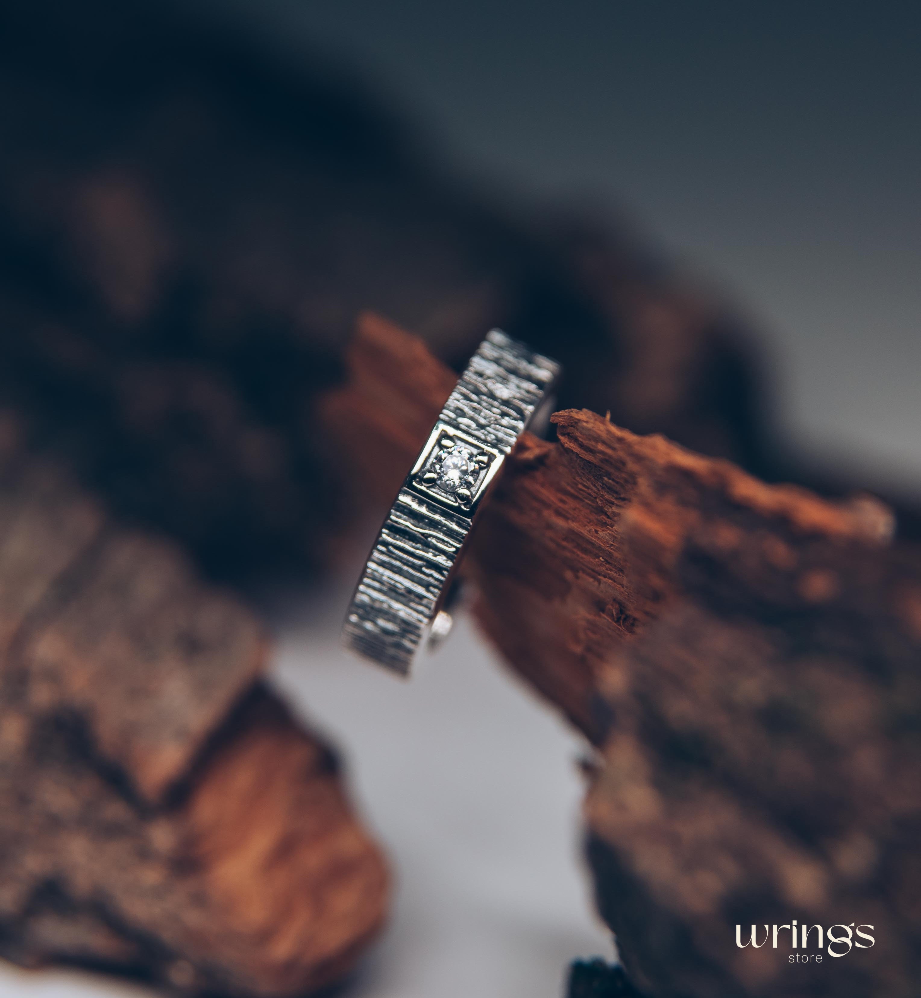 Simple Diamond Men's Wedding Ring band with Tree bark texture
