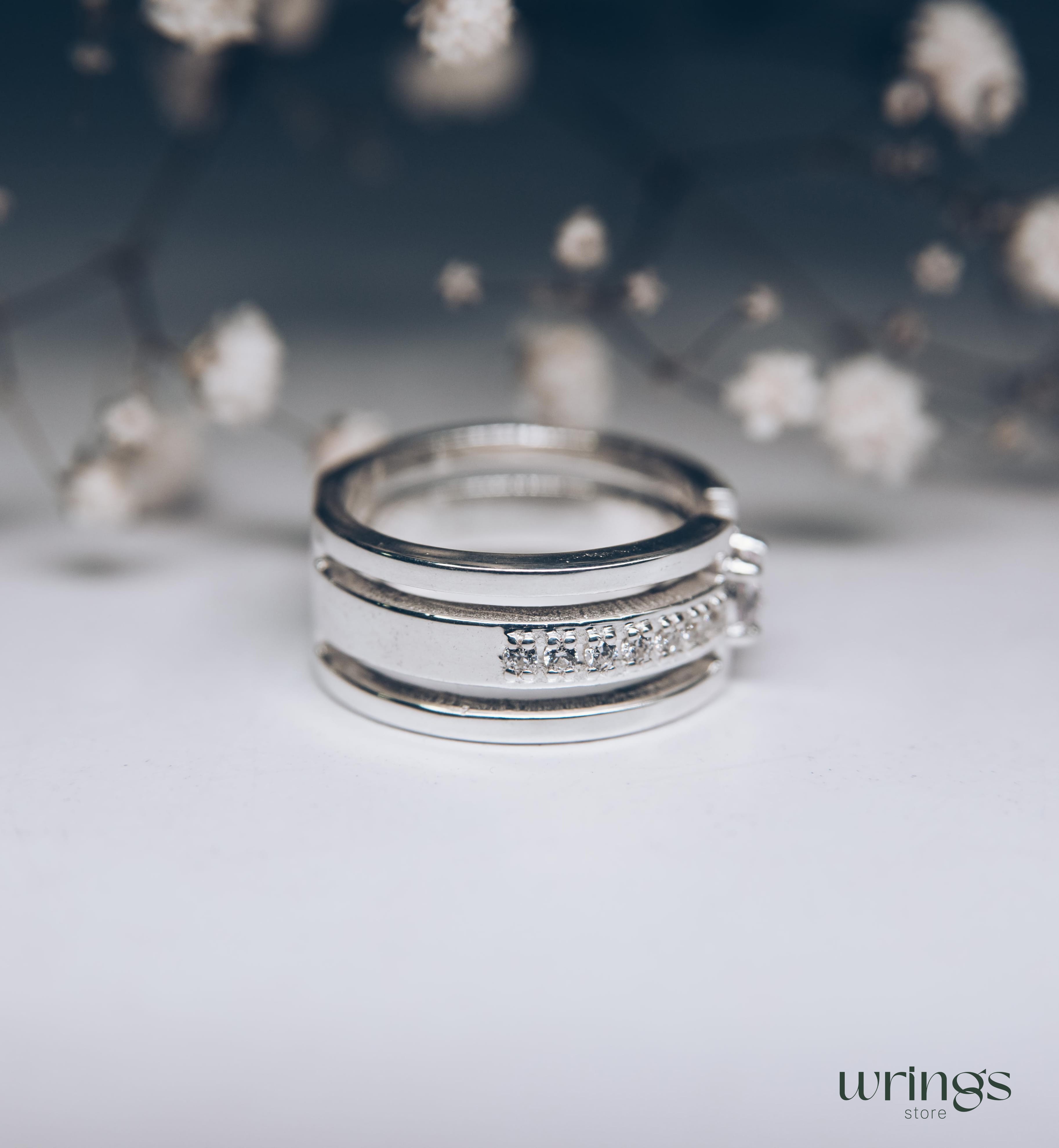 Extra Wide Silver Statement Ring CZ and Side Stones