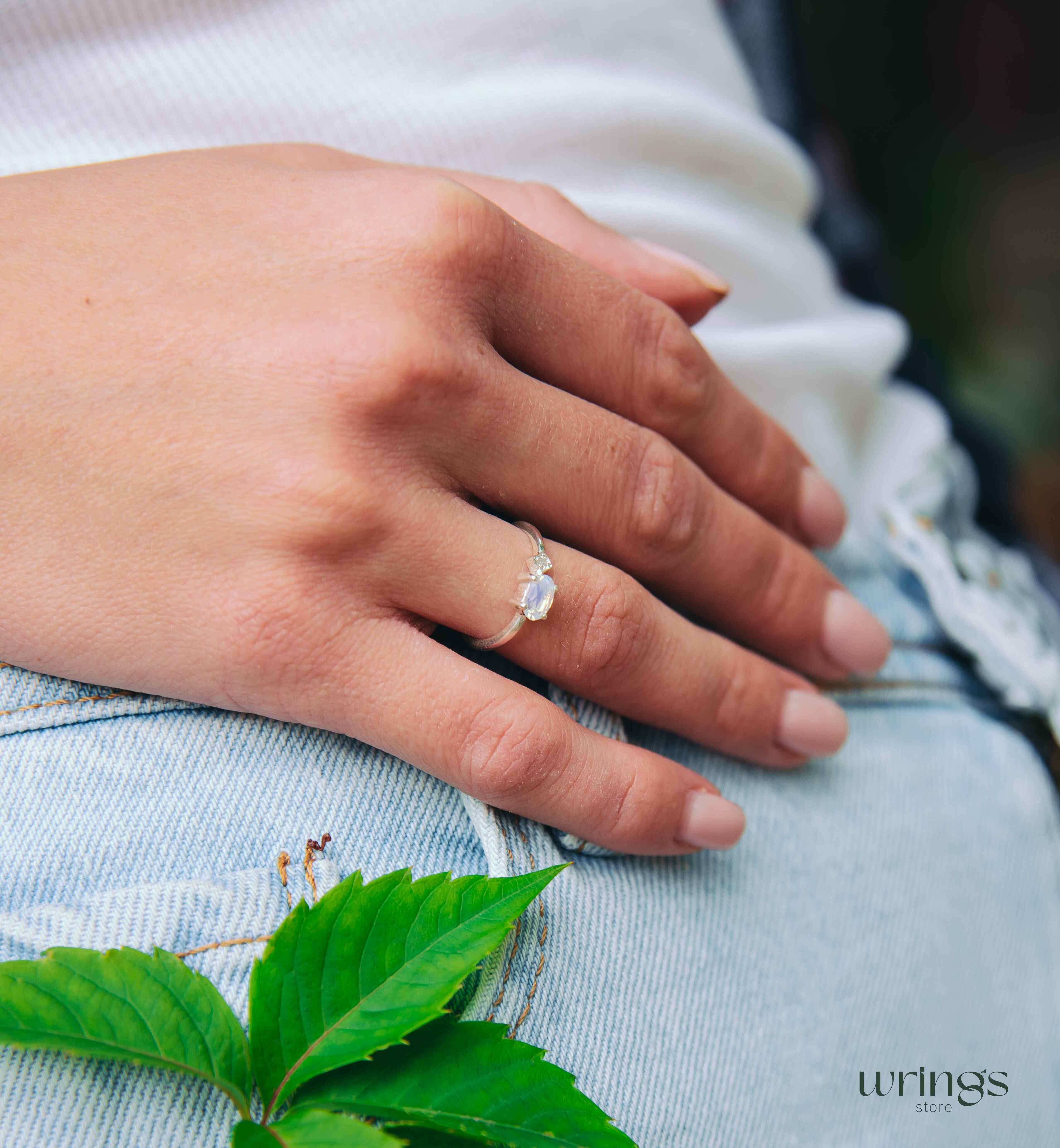 Silver Moon Stone Engagement Ring with Side Cubic Zirconia