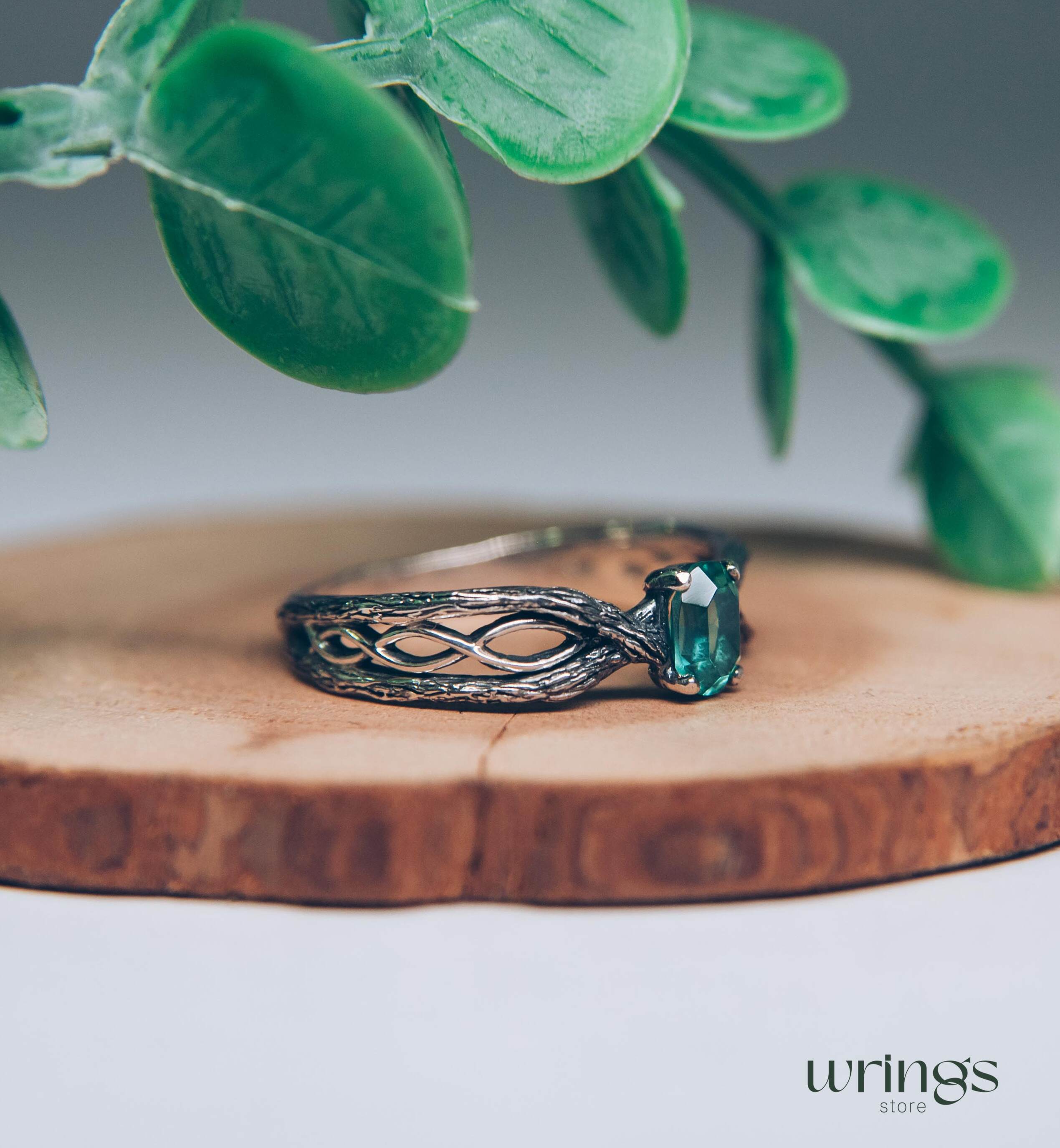 Dainty Green Quartz & Infinity Twisted Silver Branch Ring