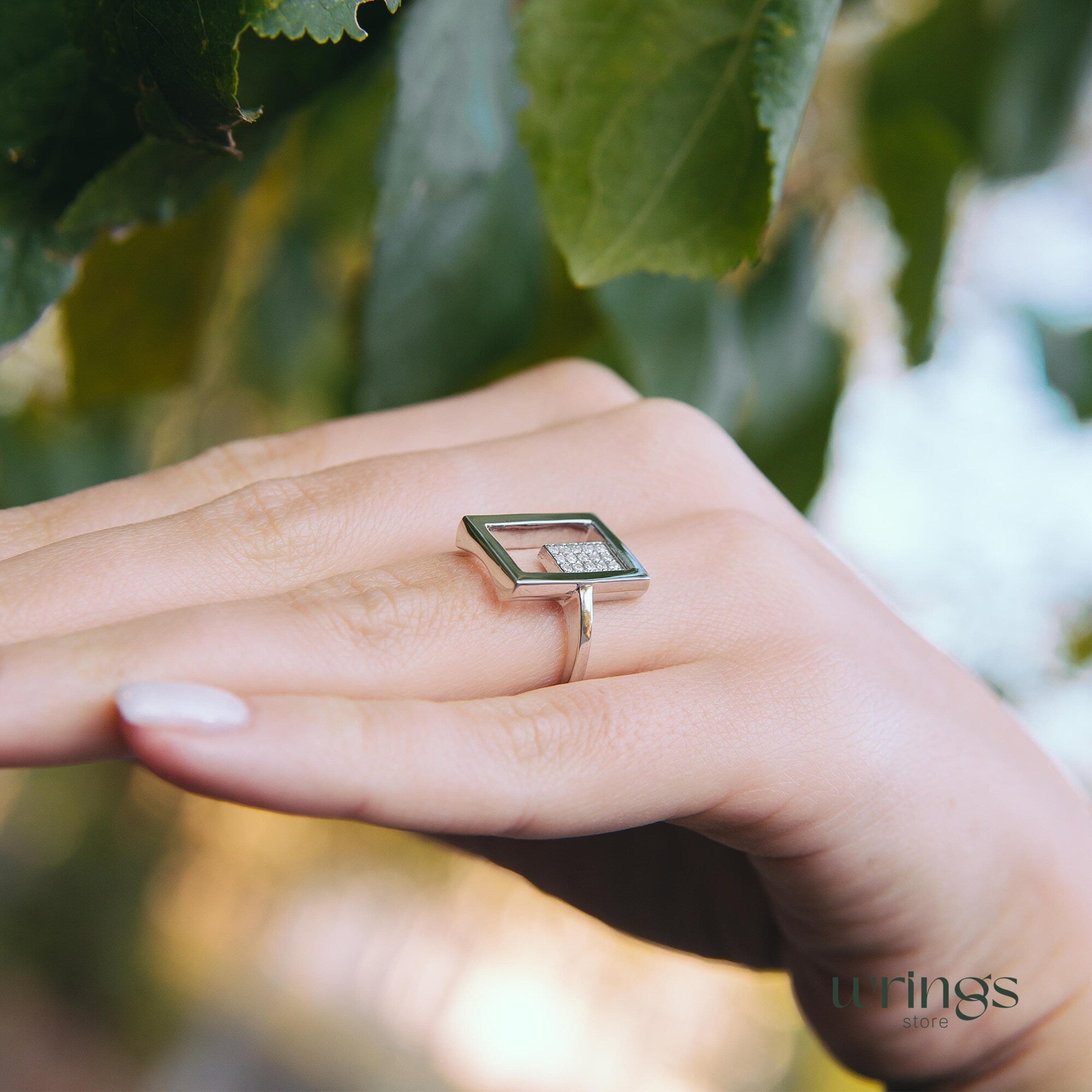 Silver Rectangle Cocktail Ring with Cubic Zirconia