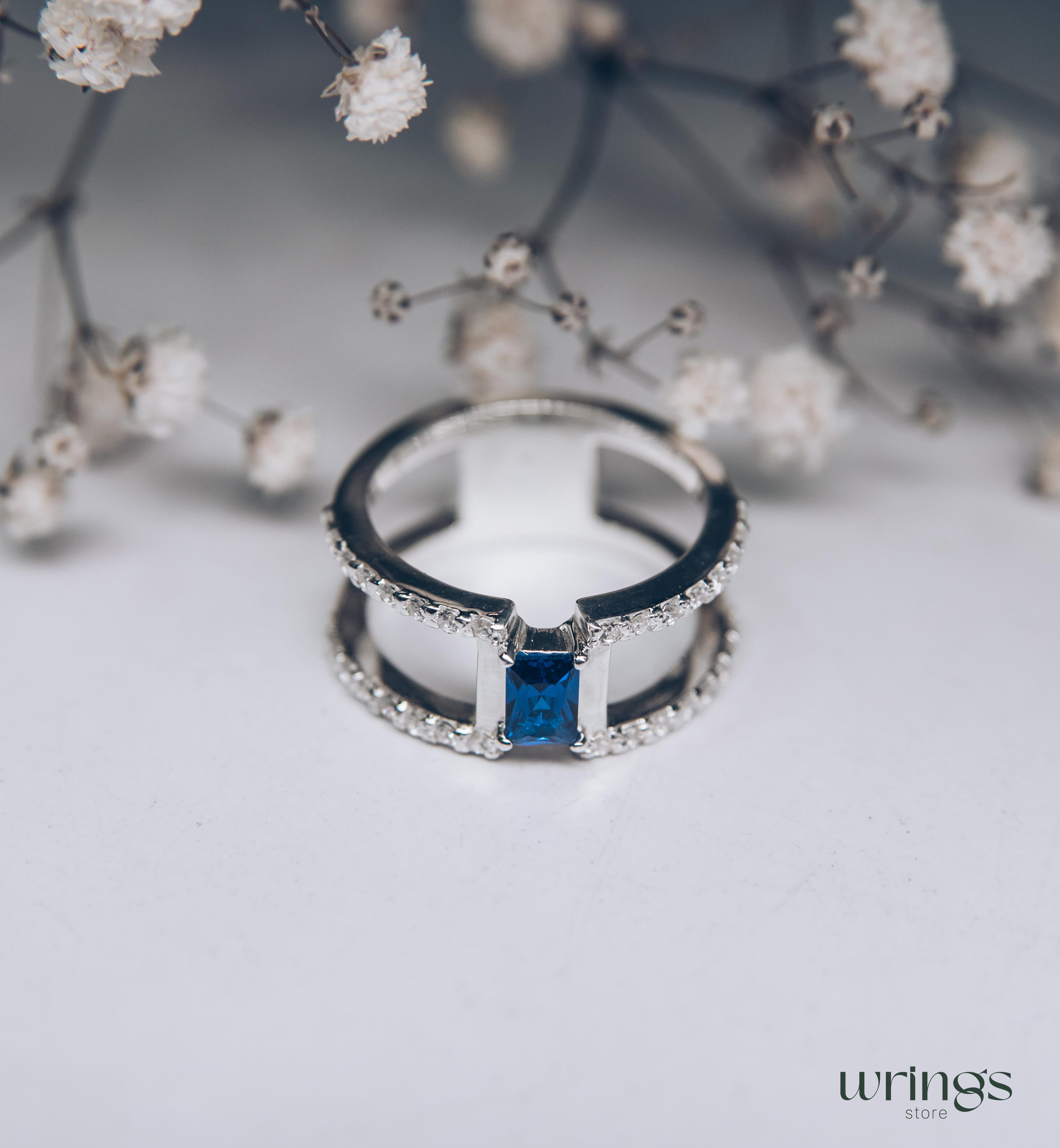 Octagon Cut Blue Topaz Double Engagement Ring Diamonds