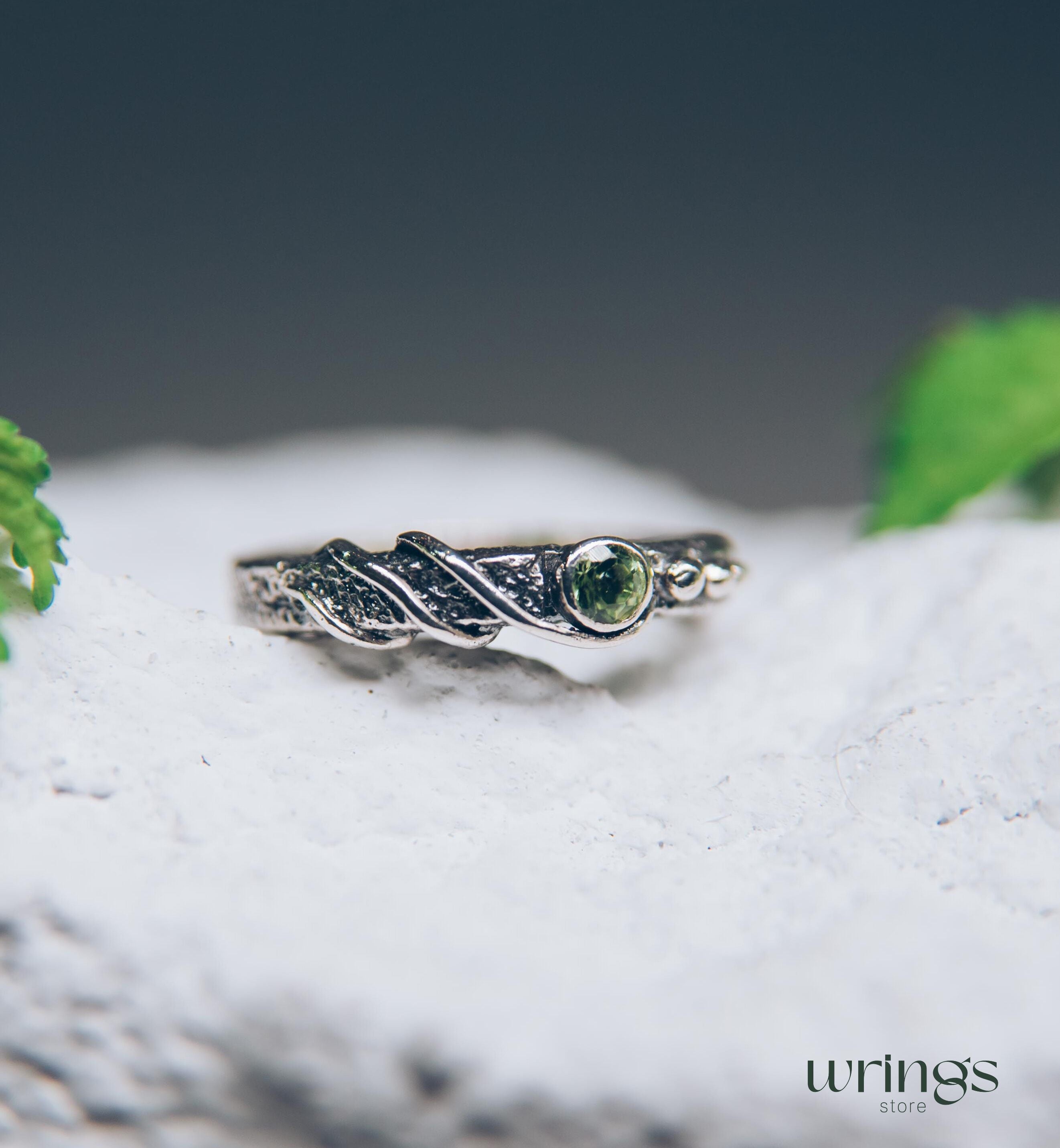 Modern Wild twisted Silver Engagement Ring with Peridot