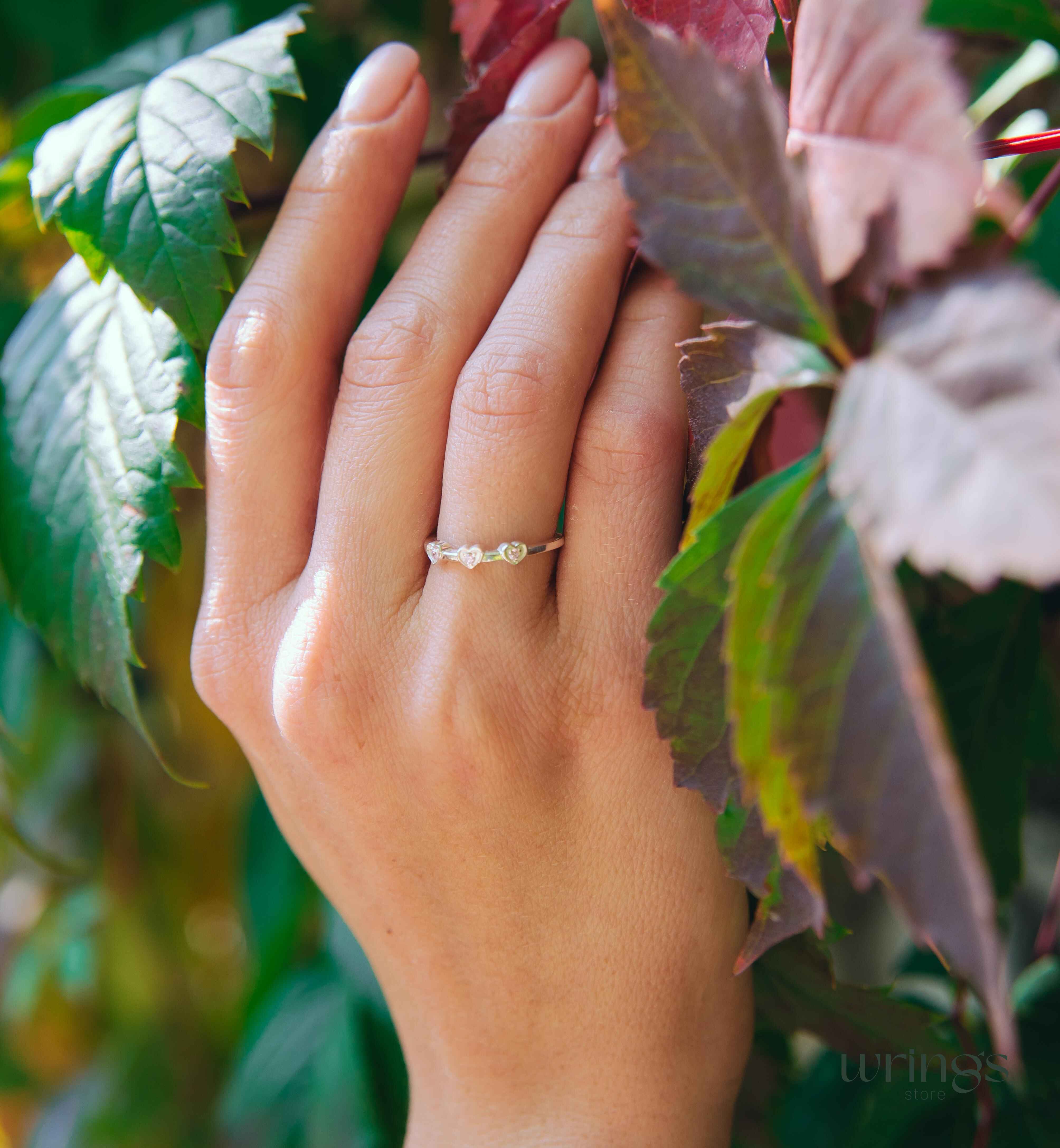 3 Hearts with Simulated Rose Quartz Silver Love Ring