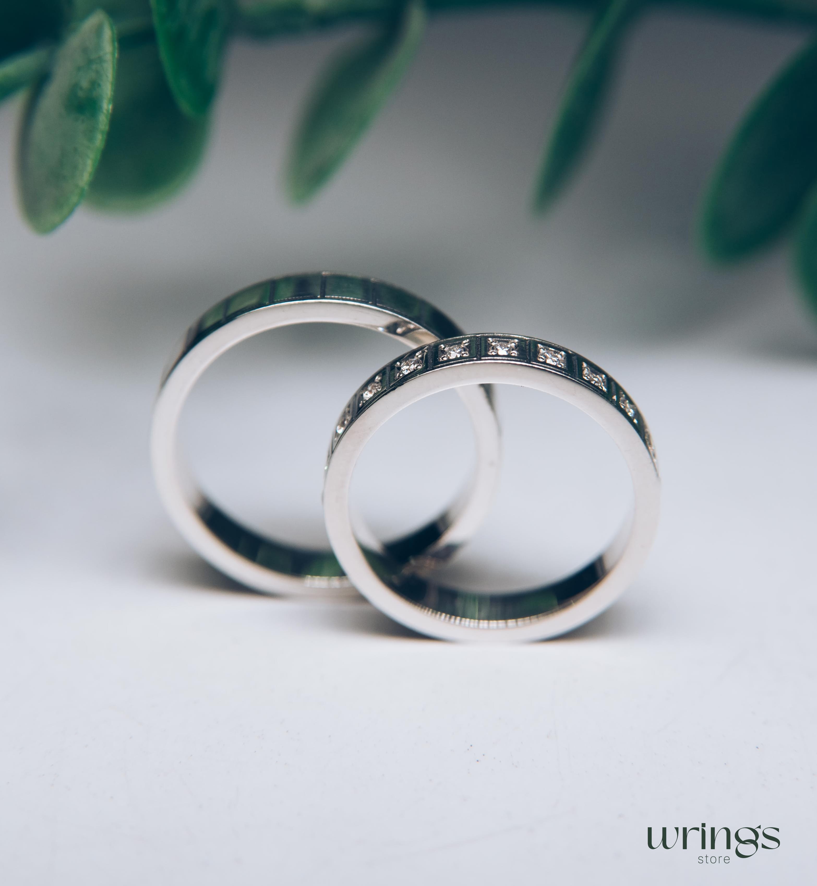 Silver Geometric Wedding Bands Set Eternity Gemstones