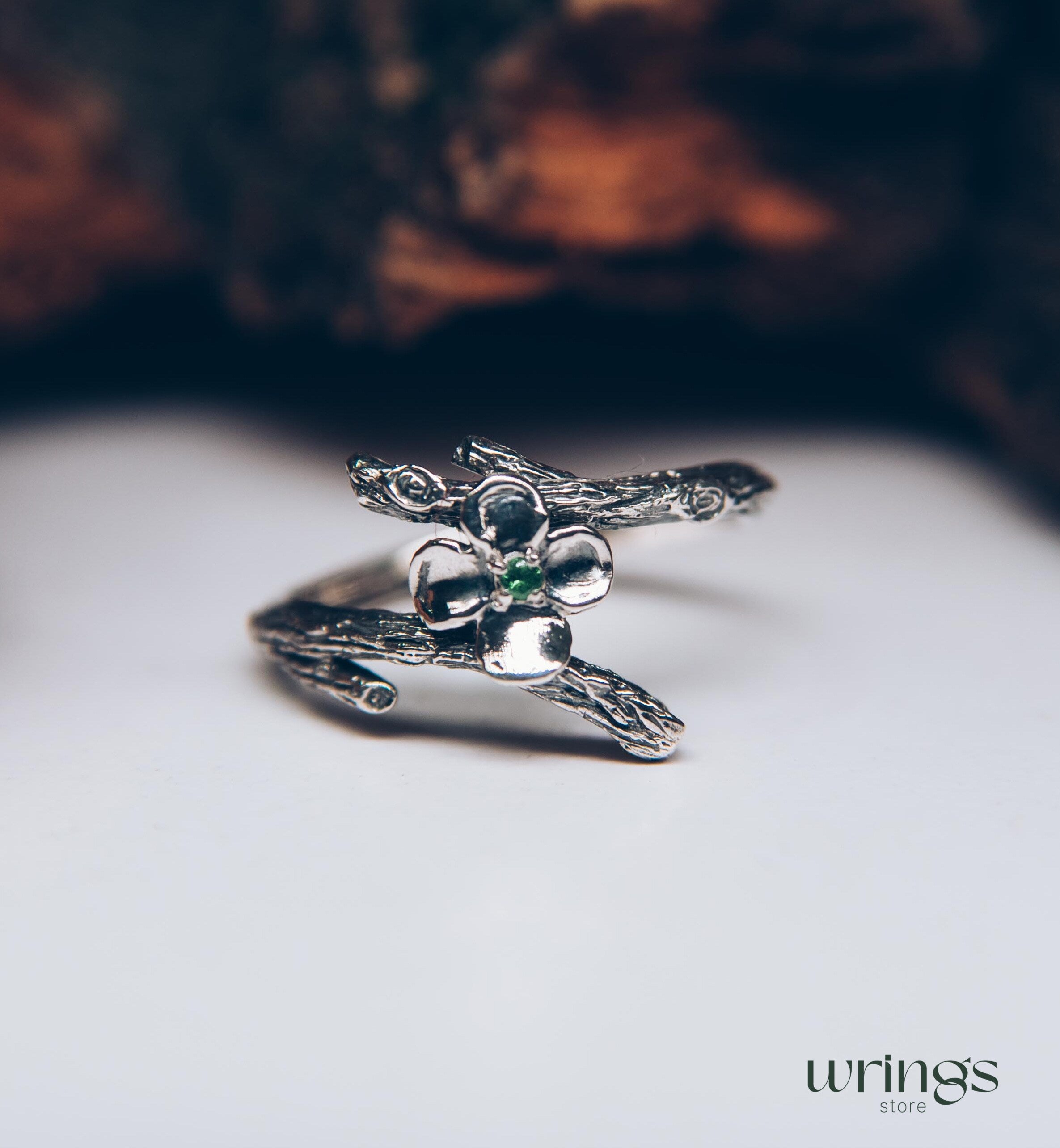 Dainty Quatrefoil flower Ring with Emerald and tiny Branch