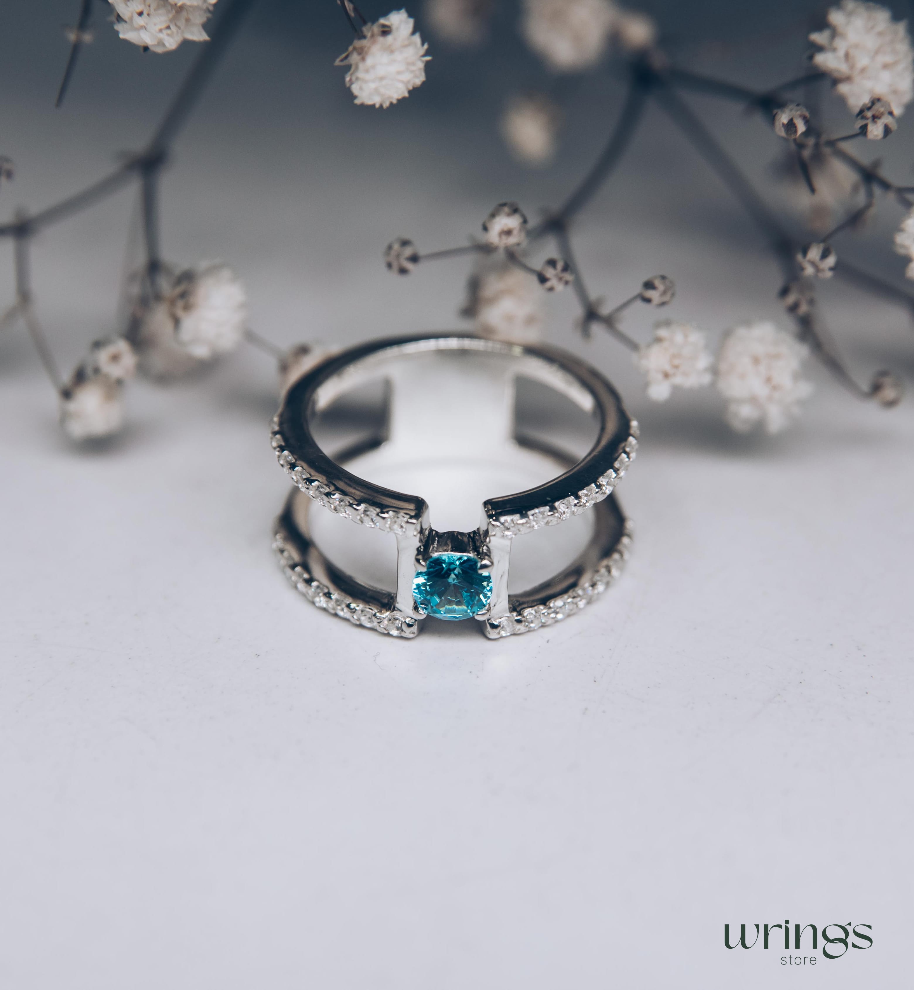 Double Band Silver Statement Ring Topaz and Diamonds