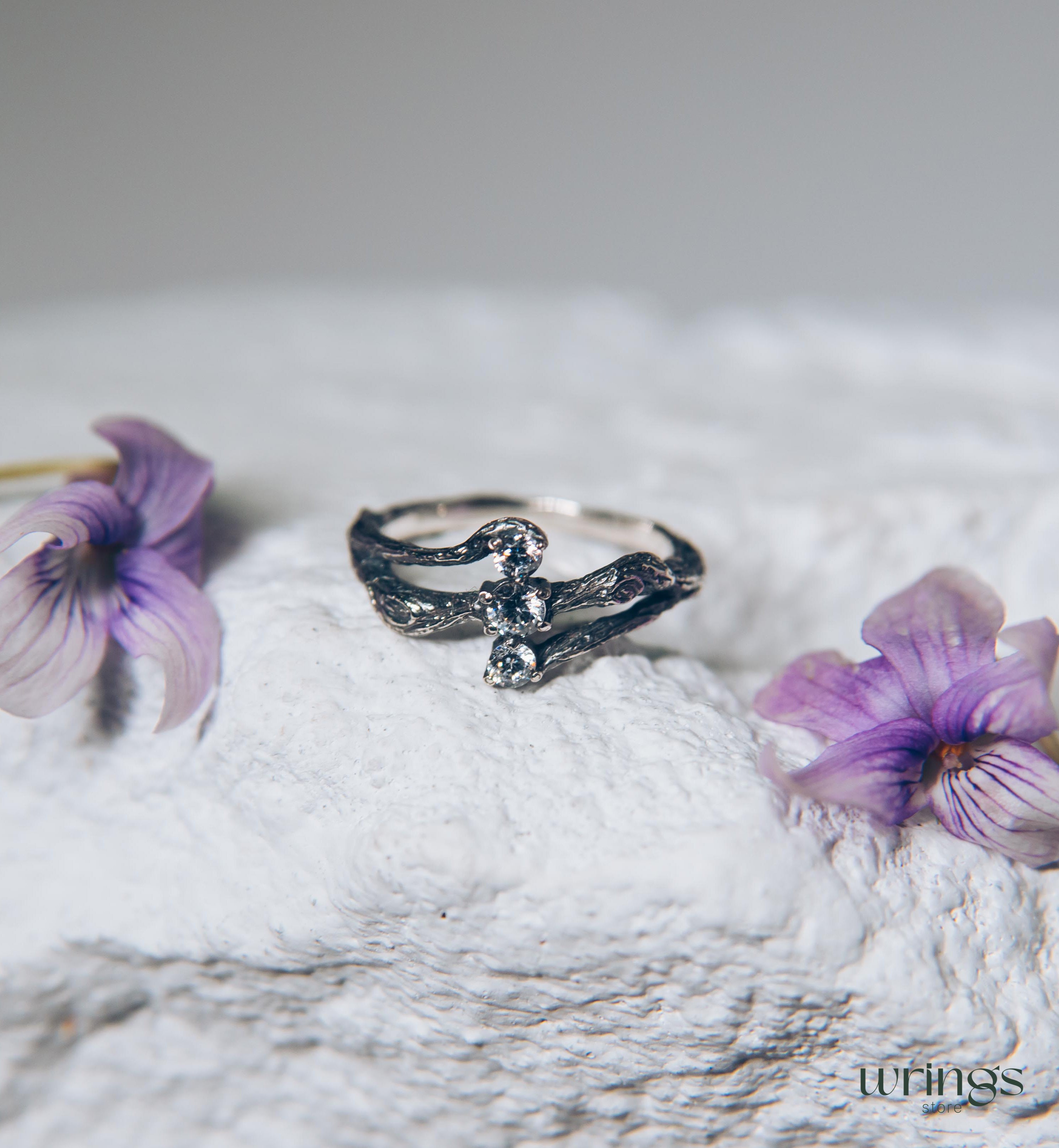 Three Stones on a Three Silver Twigs Cute Engagement Ring