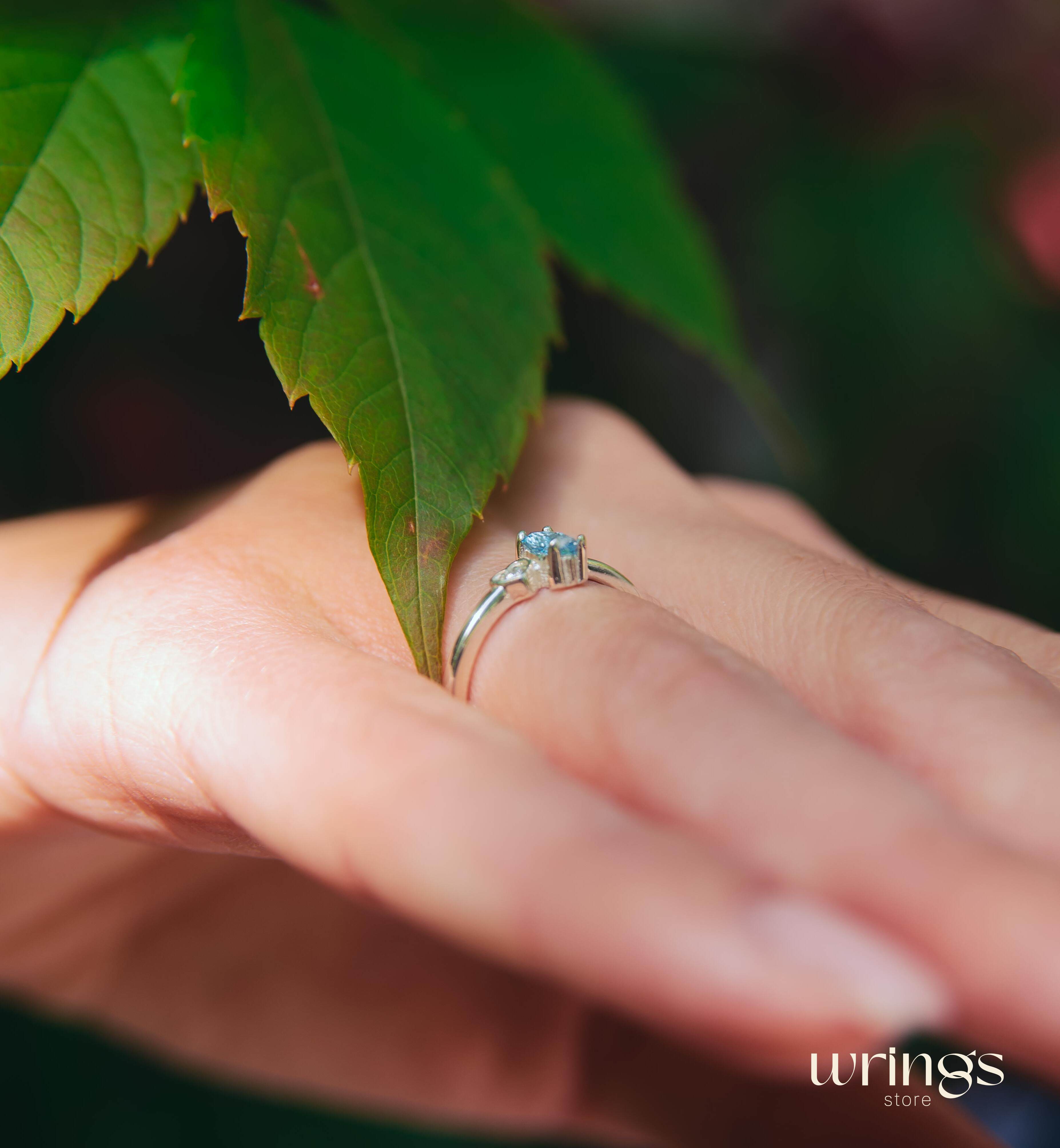 Marquise Blue Topaz Silver Ring & White Stone in Side Heart