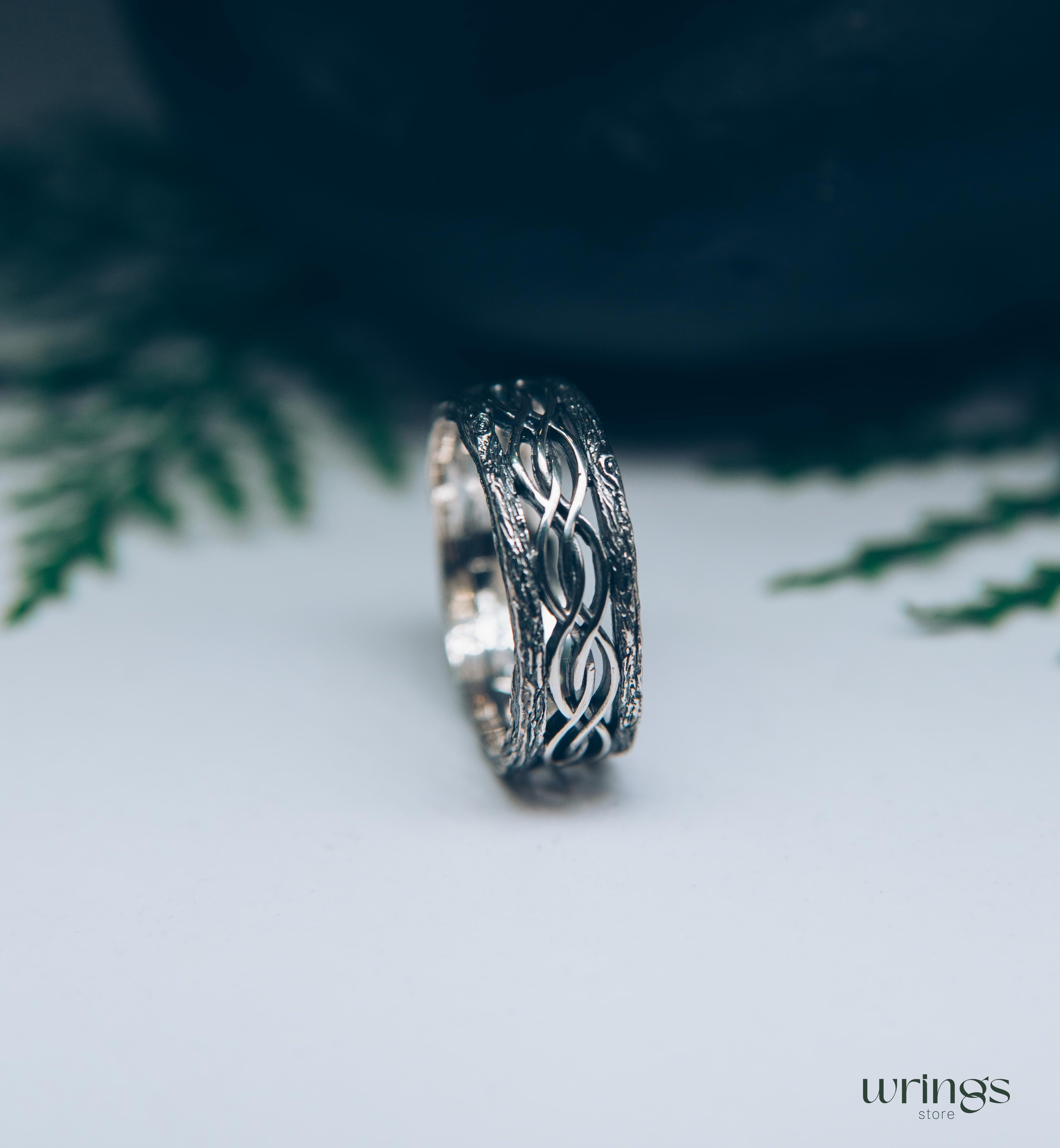 Silver Tree bark and Wavy lines Braided Wedding Band