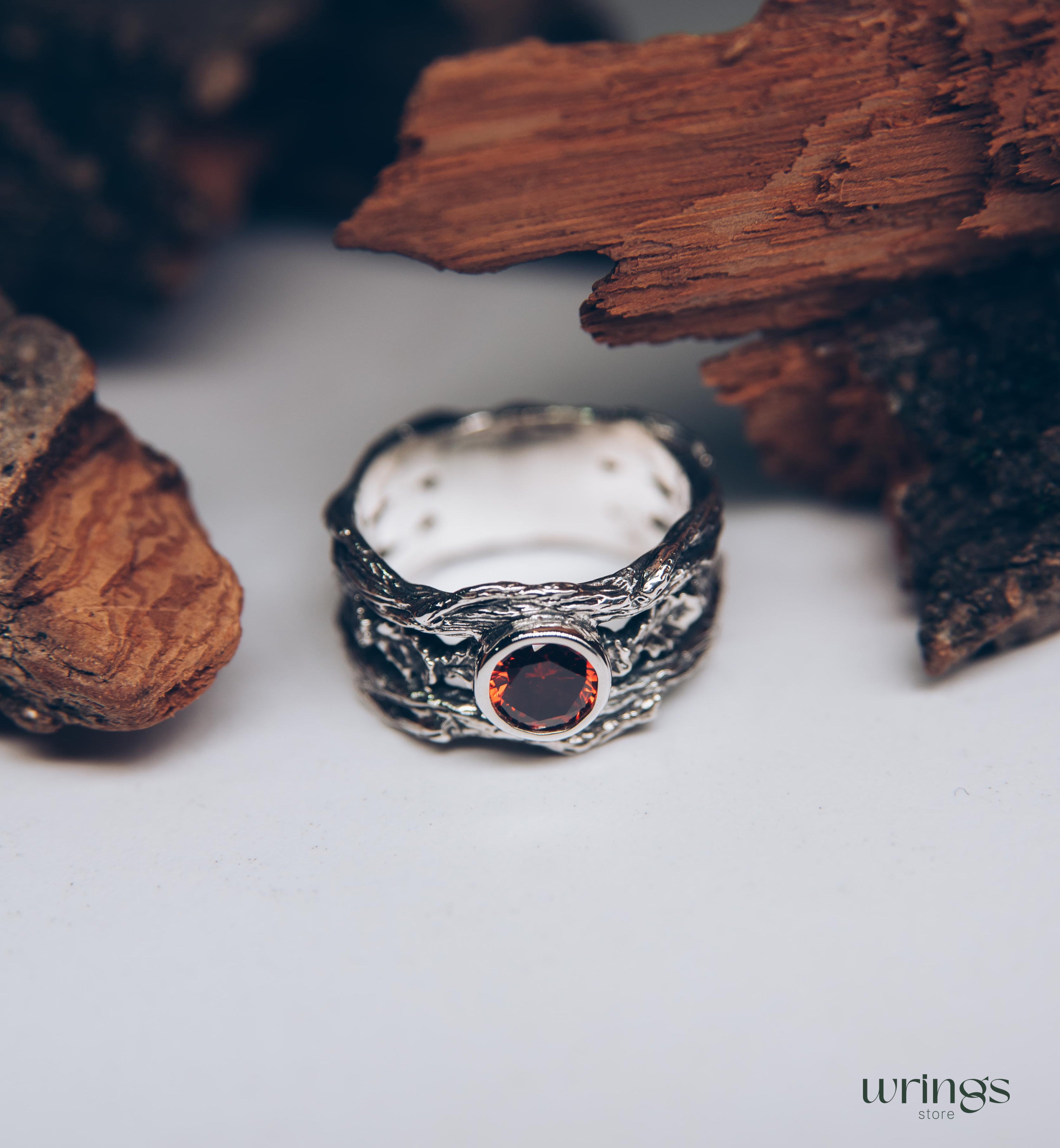 Oak Leaves in Wide Silver Ring with Bezel Garnet