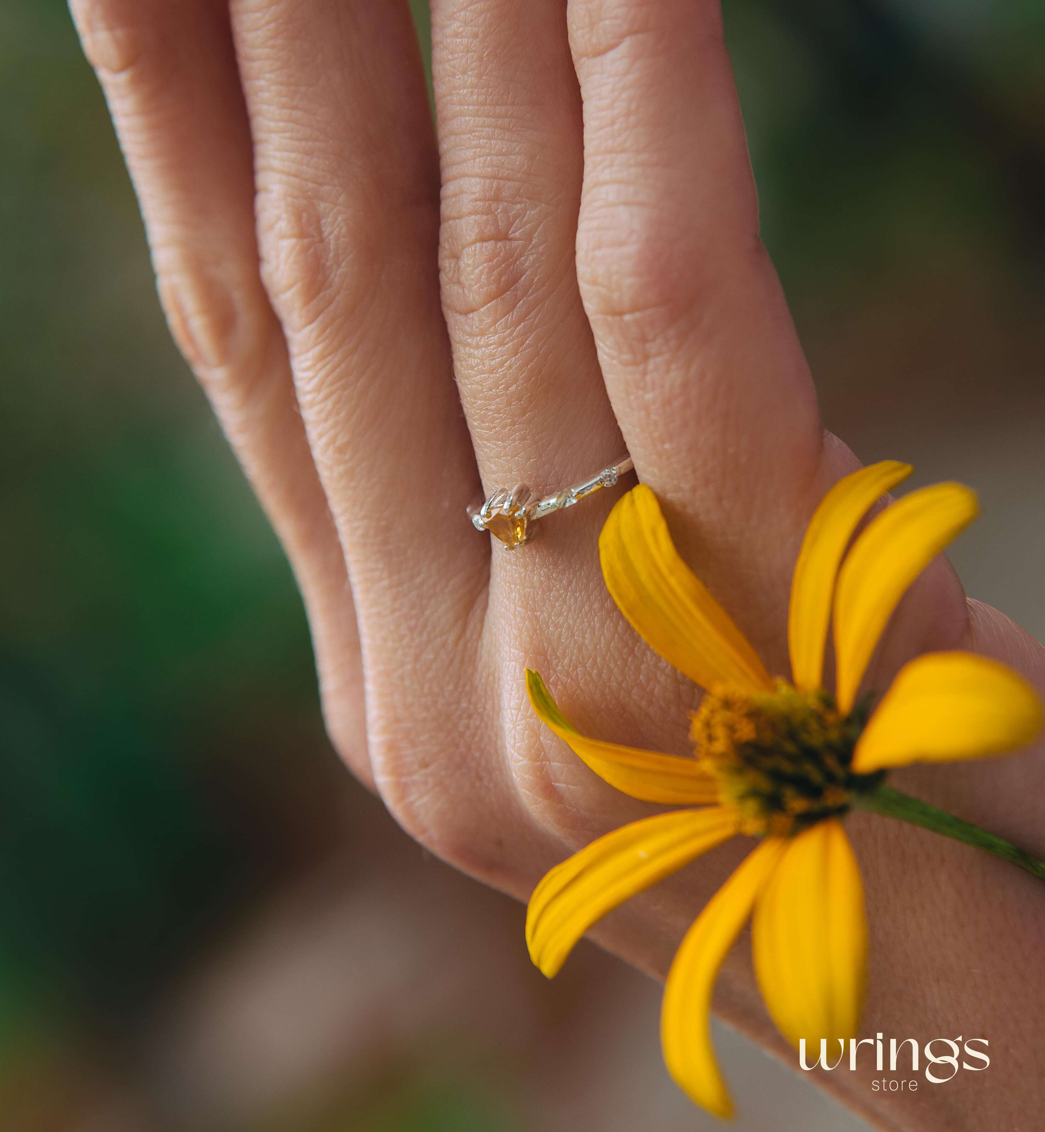 Central Trillion Citrine Side Stone Engagement Ring Silver