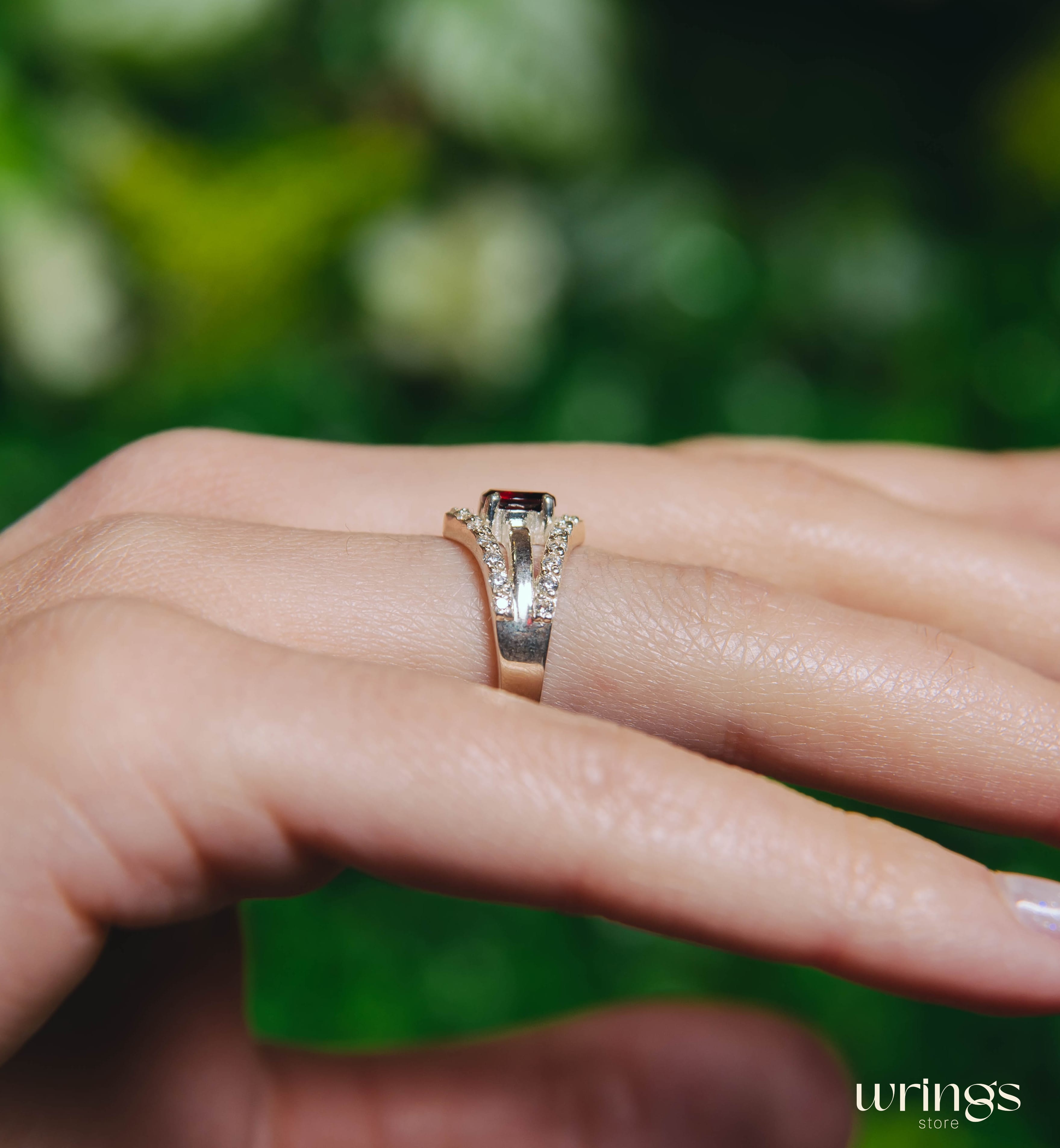 Pear Garnet Statement Ring Silver Double V shaped