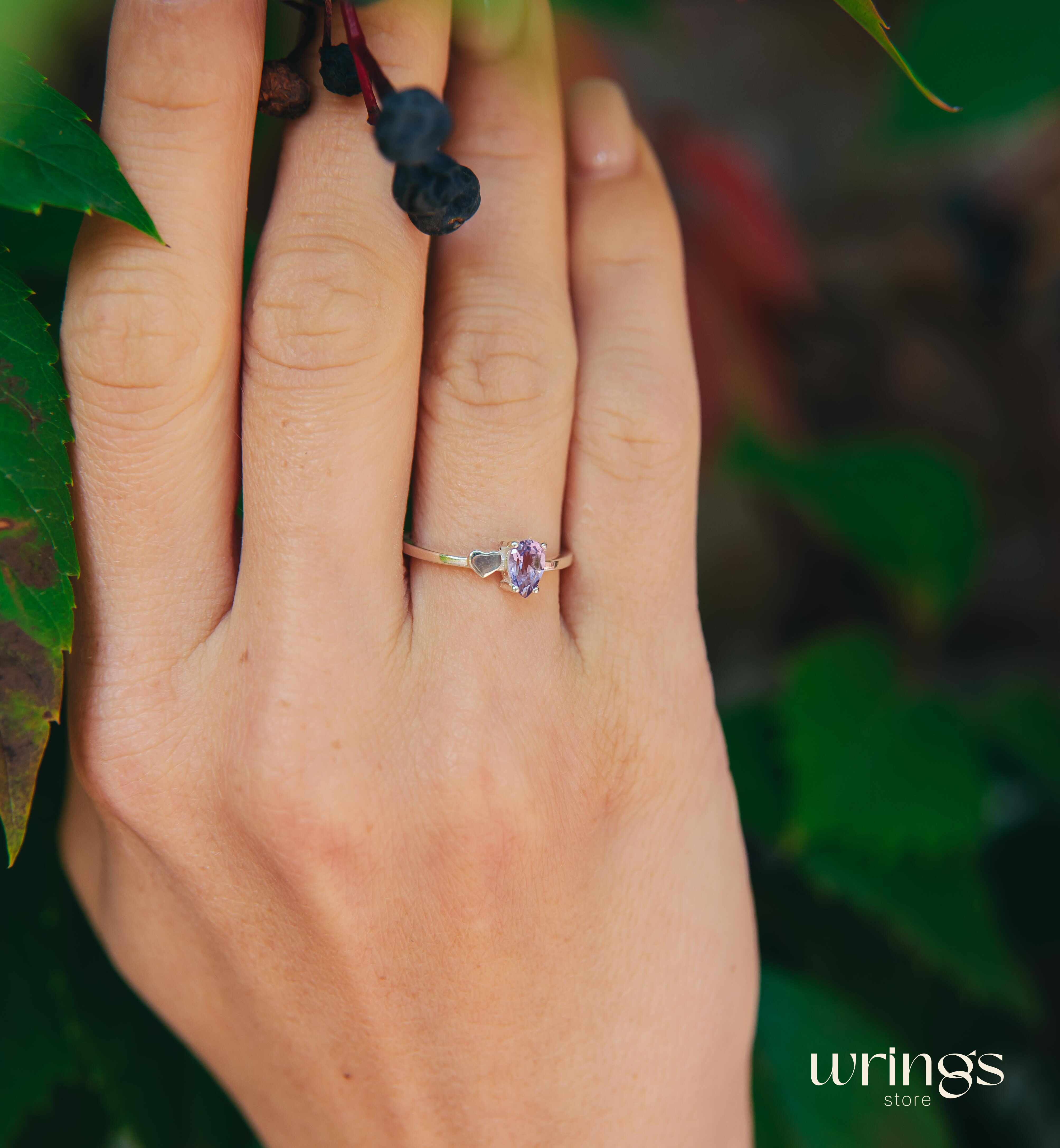 Pear Amethyst Silver Engagement Ring & Side Heart