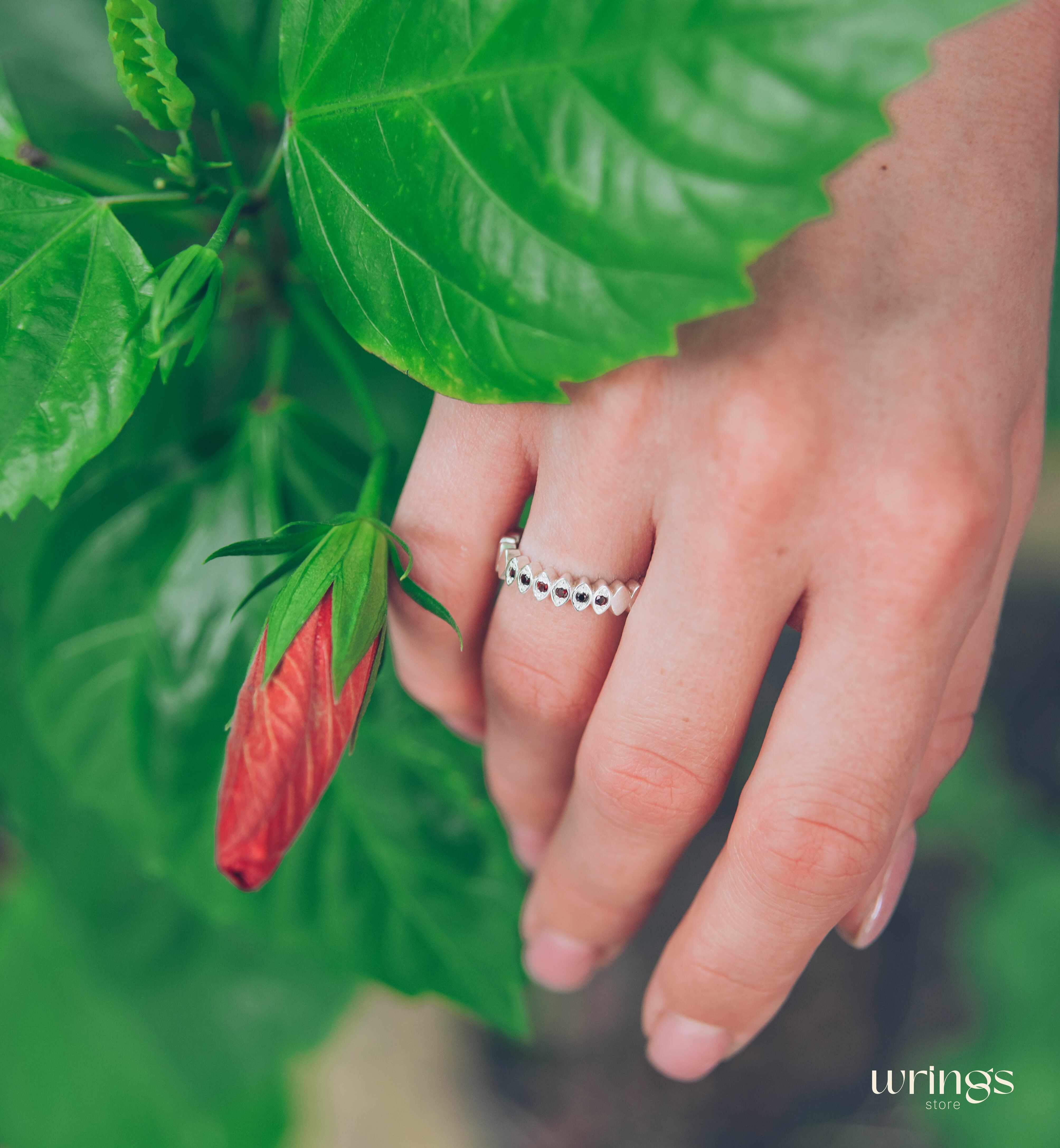 Six Garnets Beaded Style Silver Pretty Promise Ring