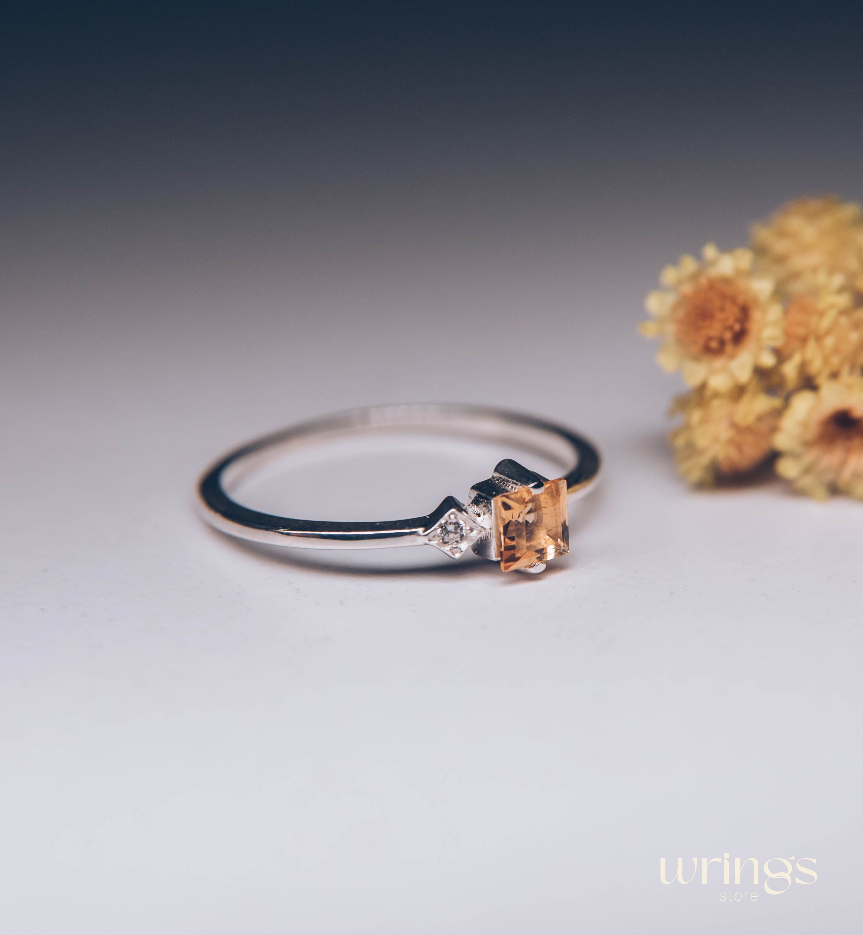 Square Citrine Silver Ring & Side White Stone