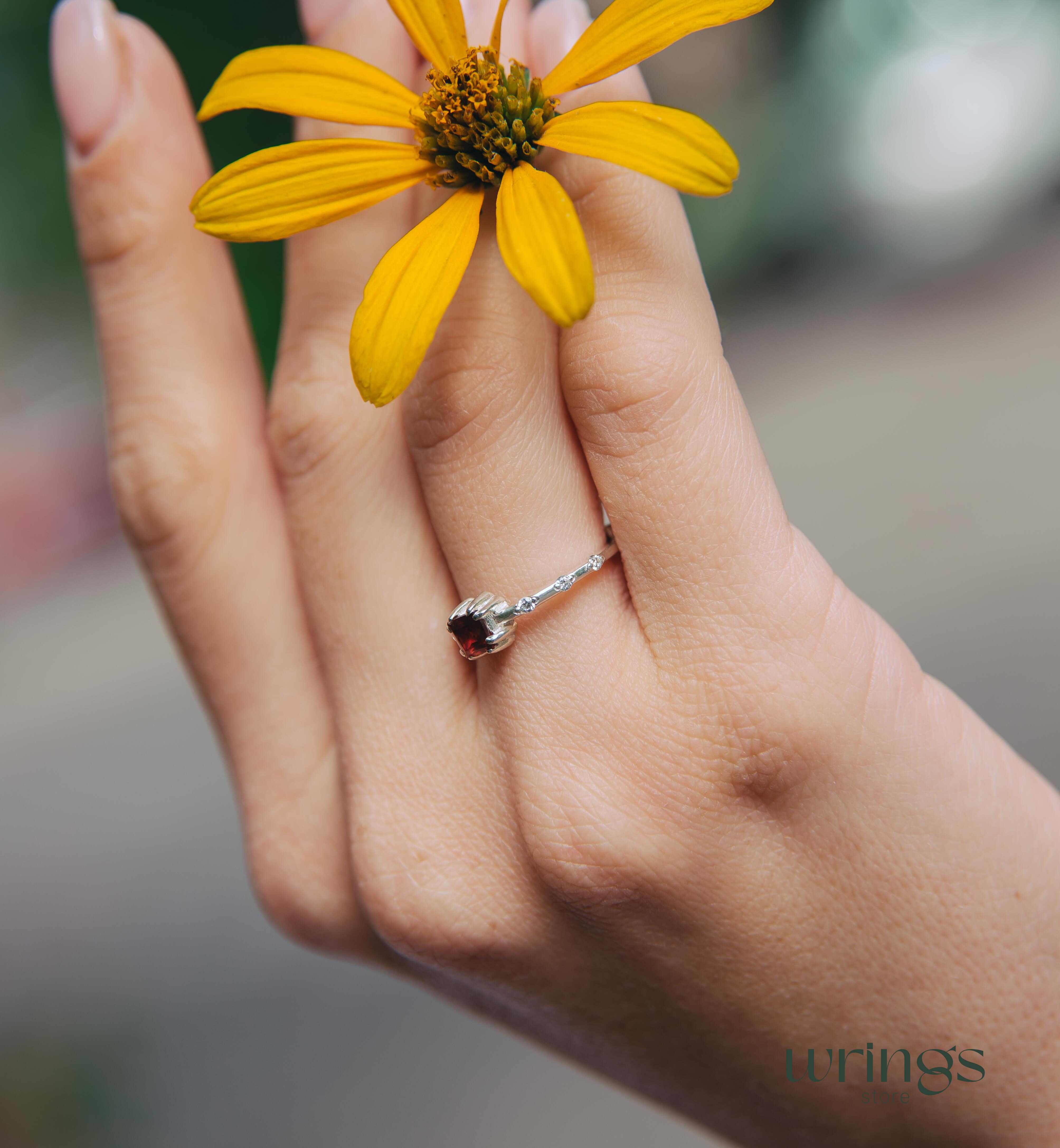 Square Central Garnet & CZ Side Stones Engagement Ring