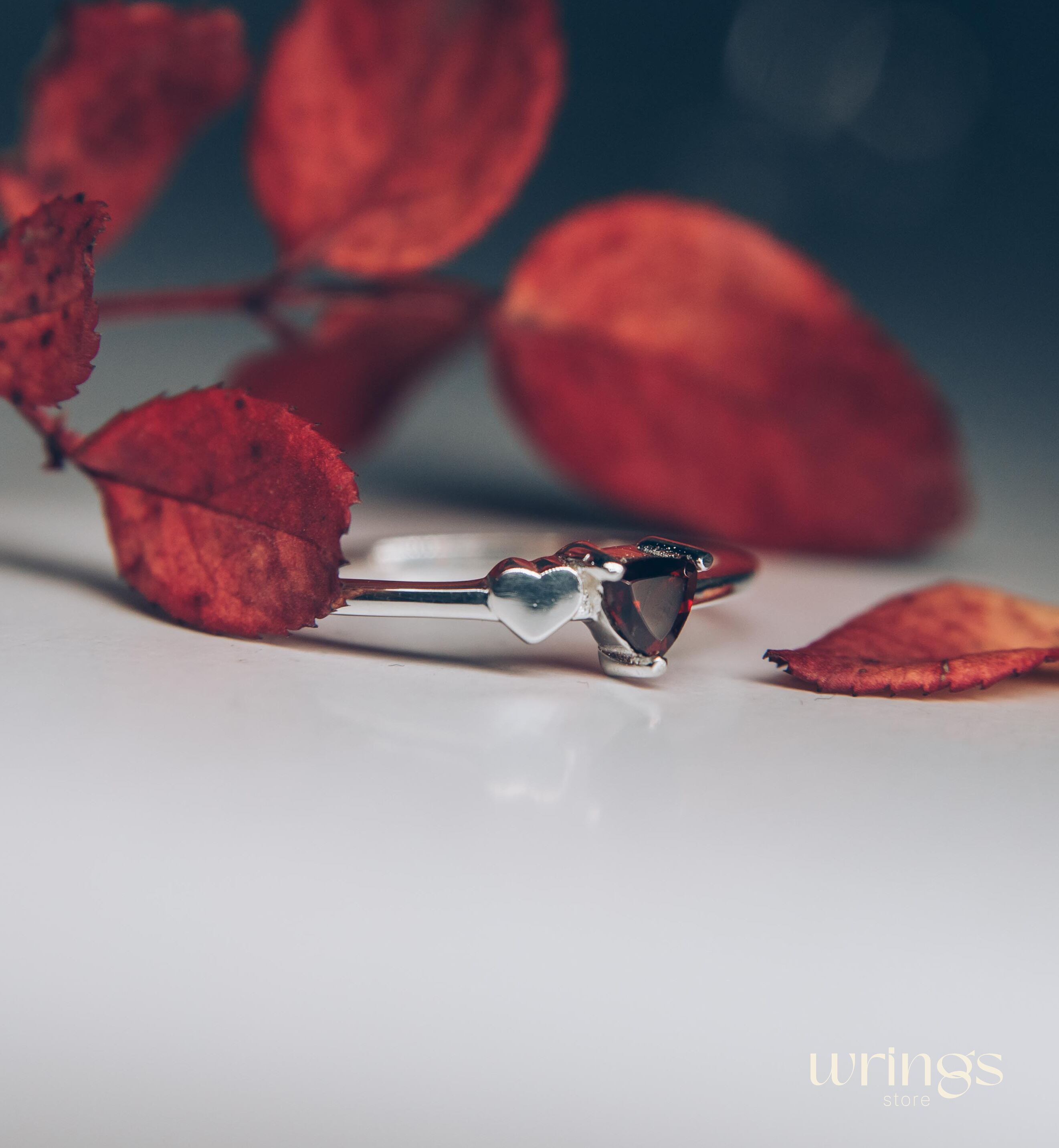 Trillion cut Garnet Silver Ring with Side Heart