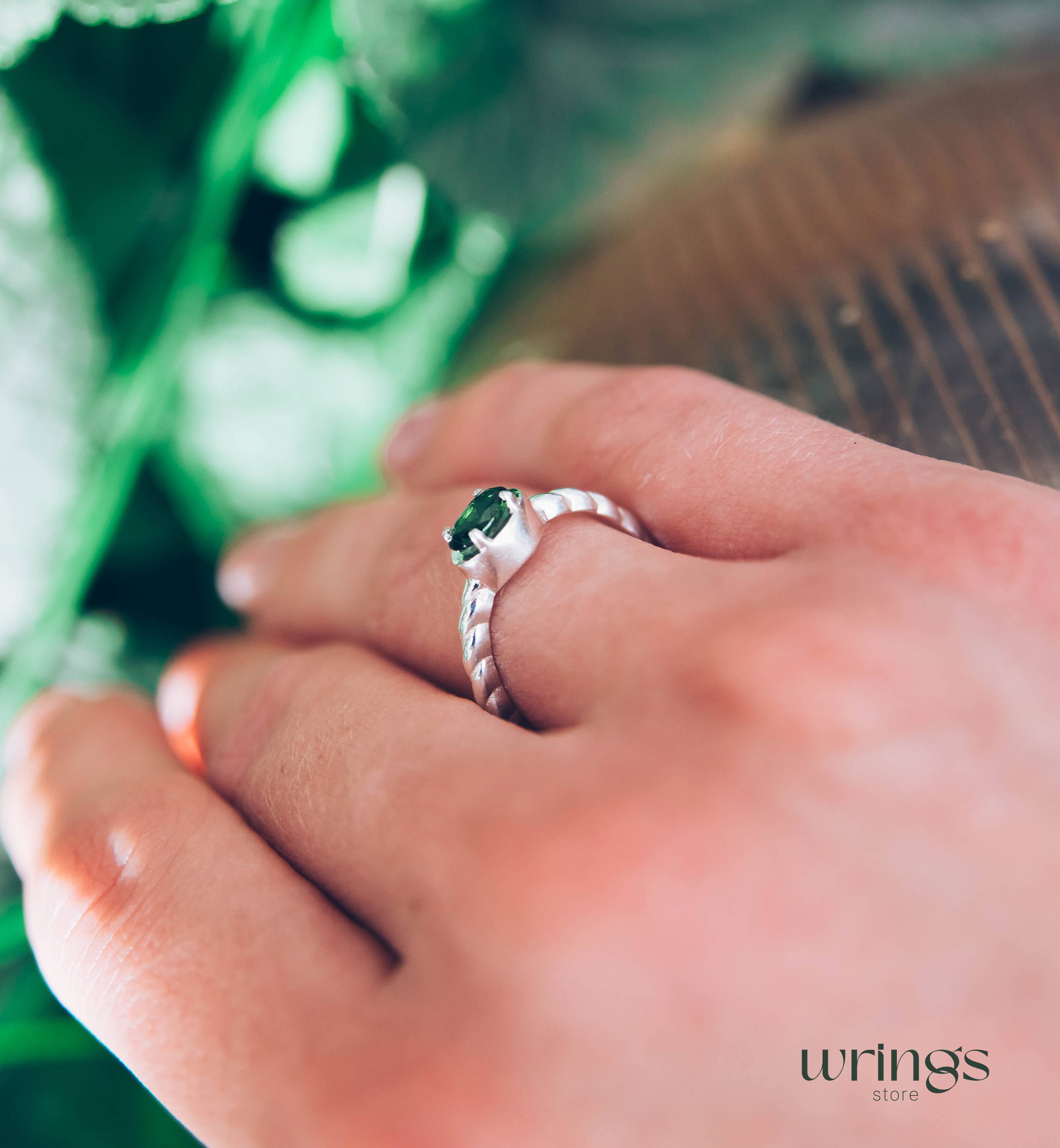 Oval Green Stone Rope Band Engagement Ring Silver