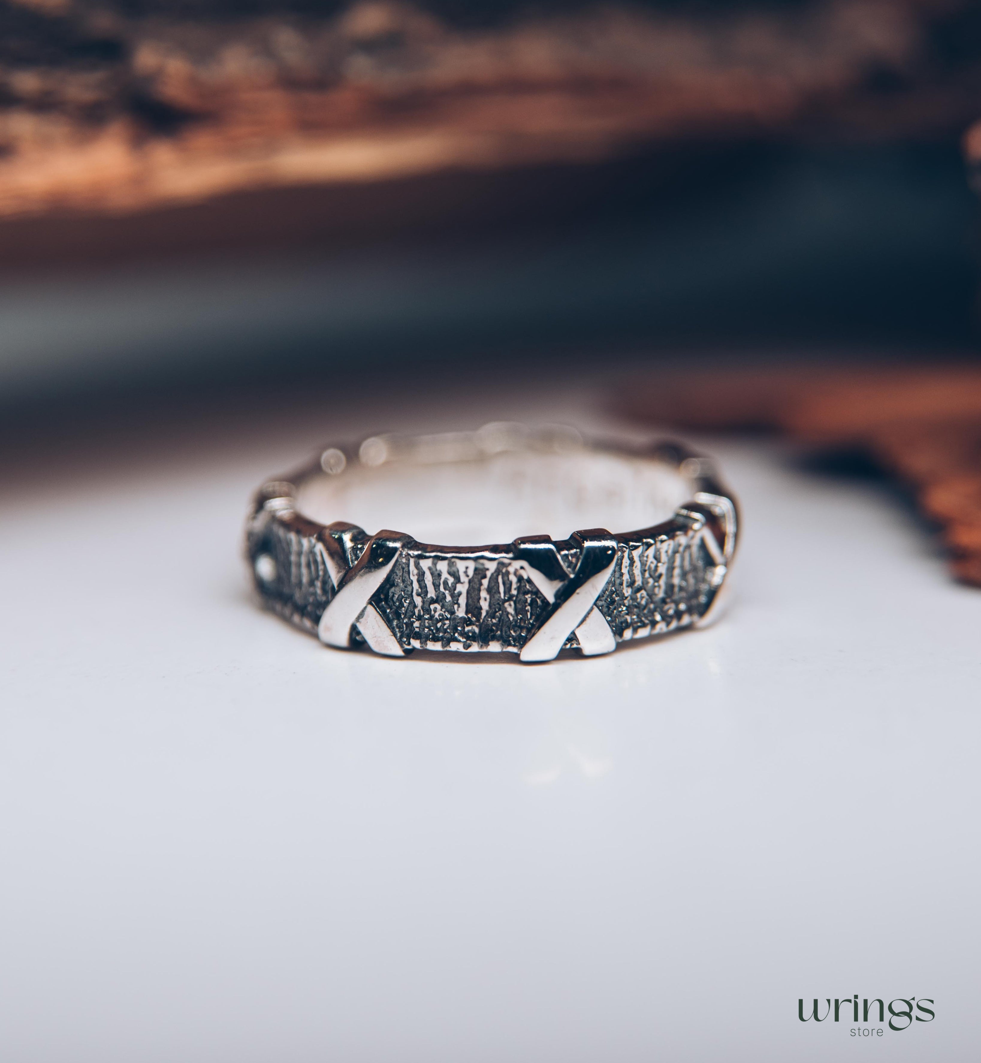 Silver Tree bark with cross Garnets Ring for Men and Women