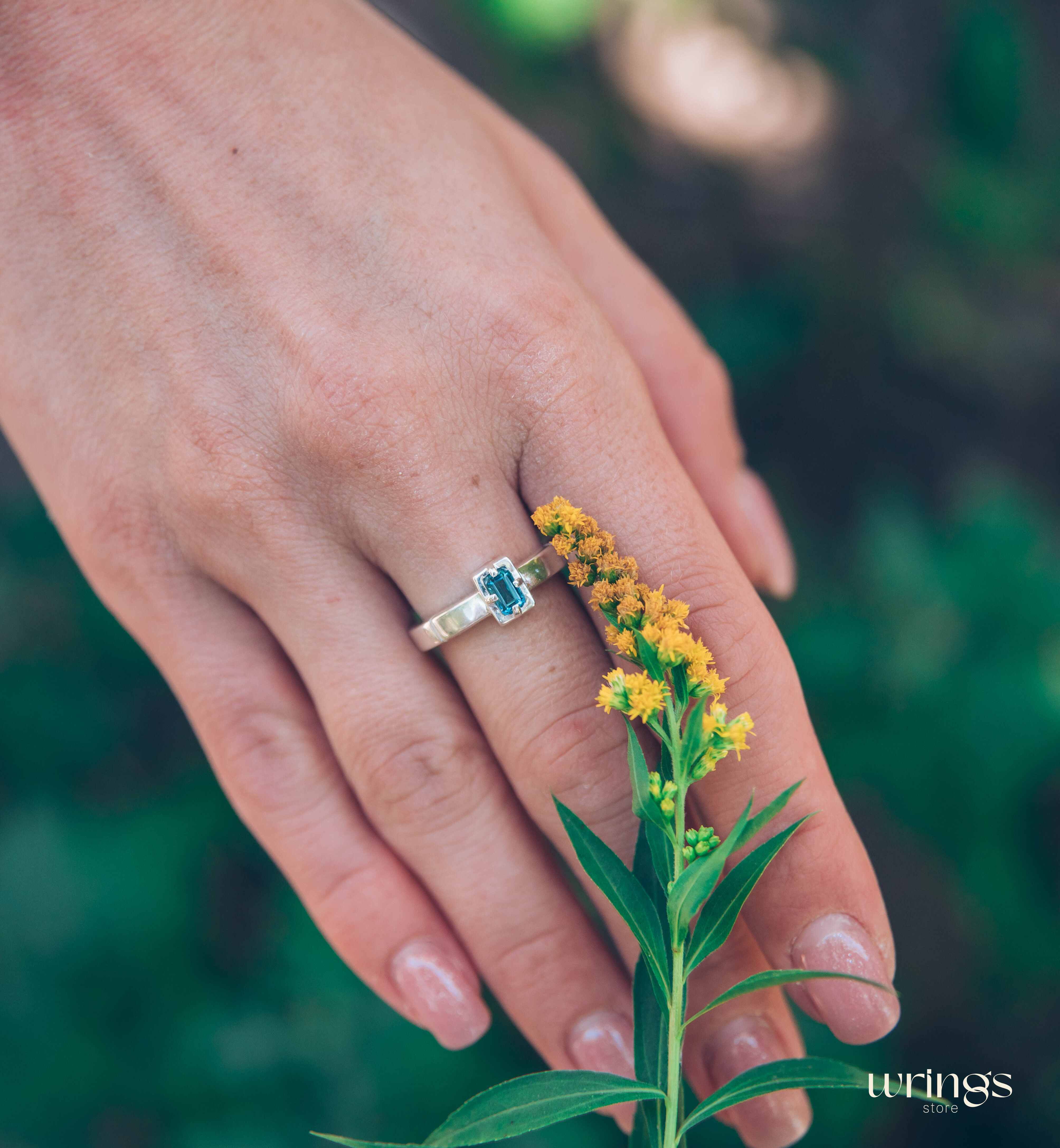 Silver Thick Band Solitaire Topaz Engagement Ring