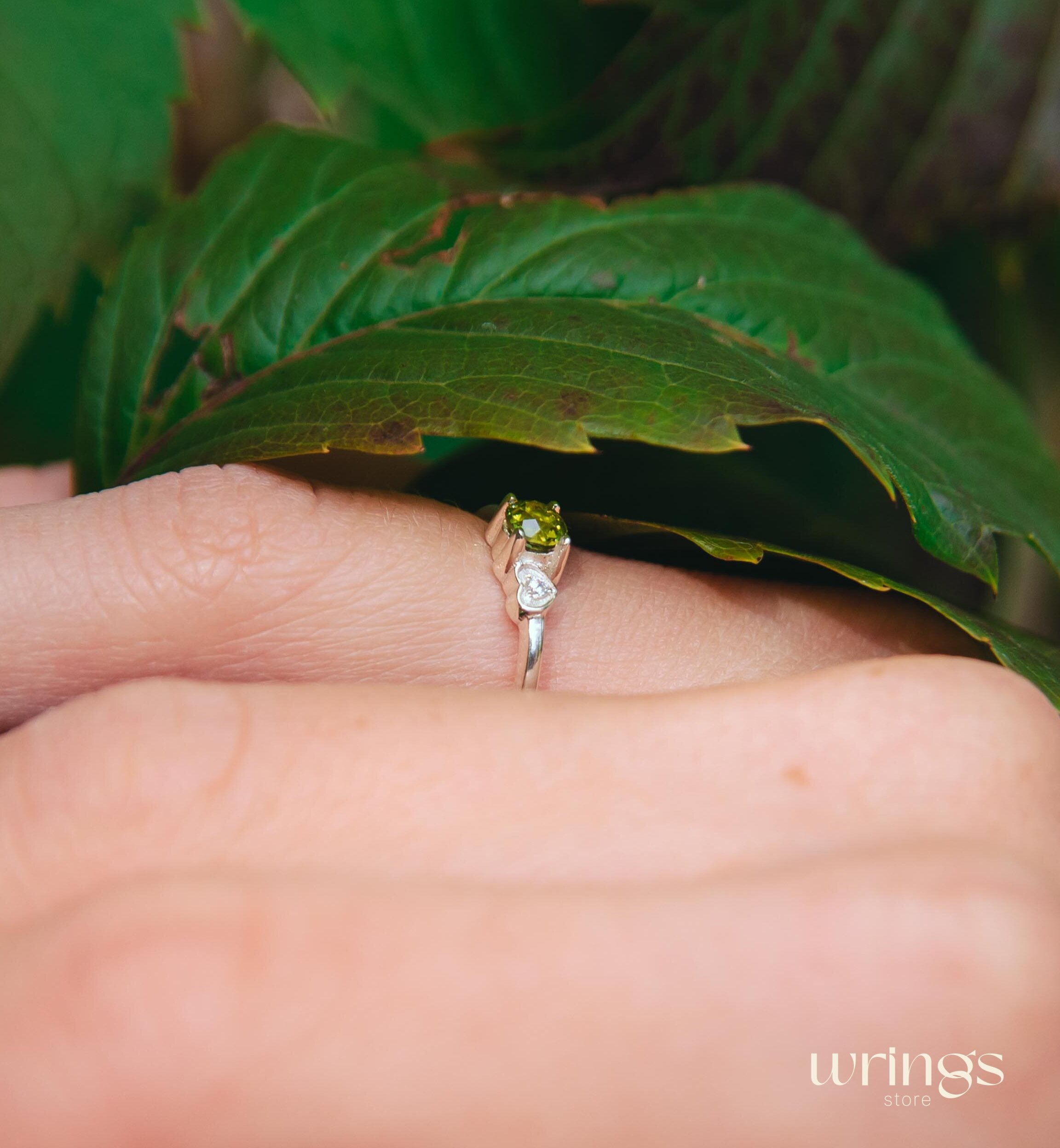 Round Peridot Silver Ring & White Stone in Side Heart