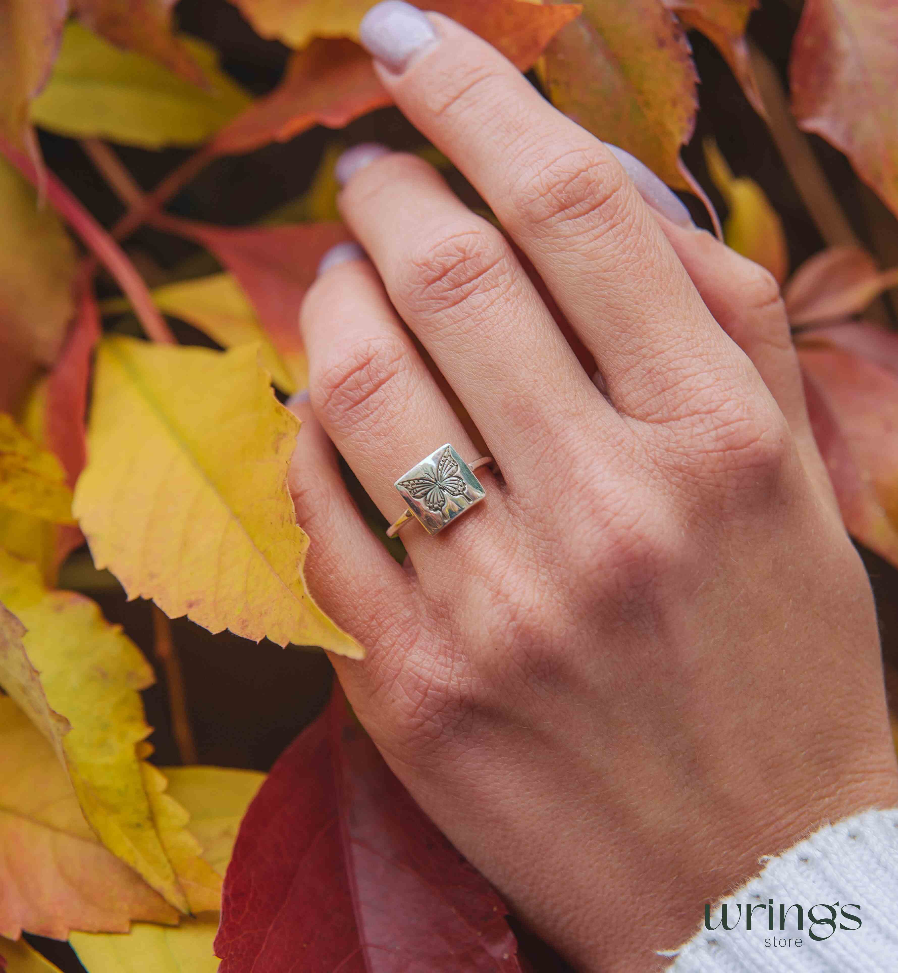 Engraved Monarch Butterfly Silver Square Signet Ring