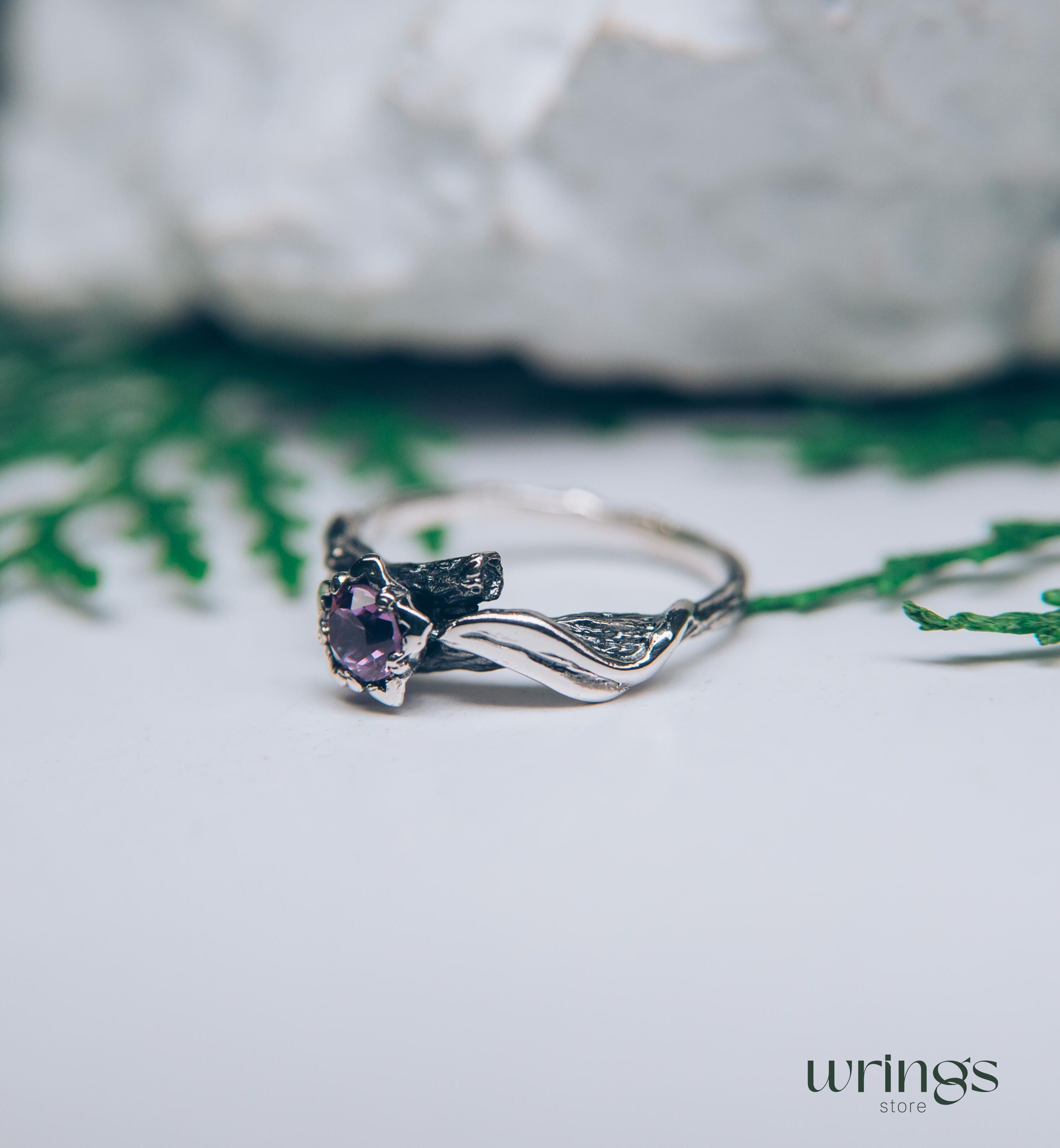 Lilac Amethyst Flower on a Silver dainty Twig Ring for Her