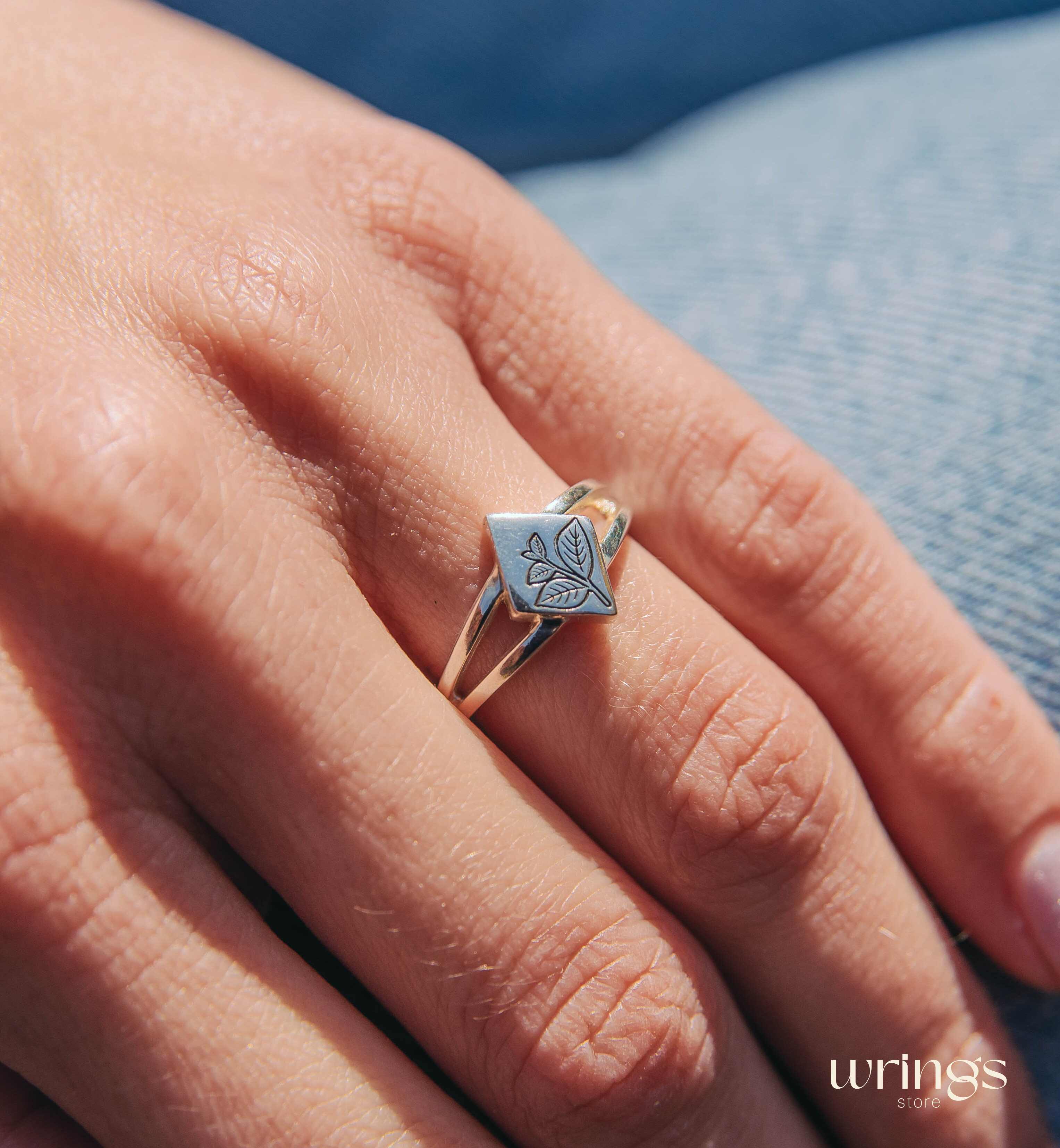 Engraved Leaves Rhombus Head Silver Signet Ring