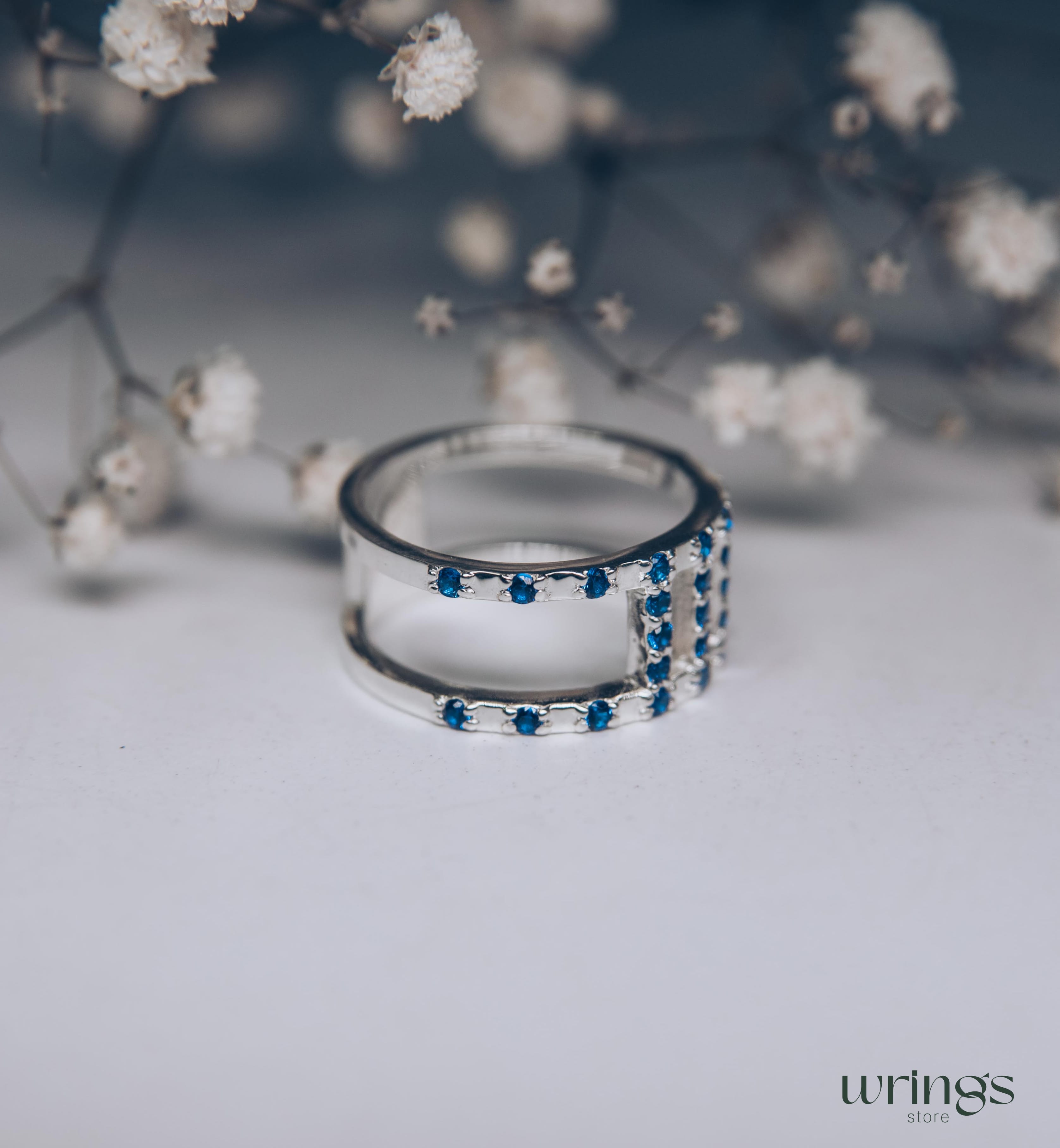 Double Band Wedding Ring Blue Sapphires Multi Stone