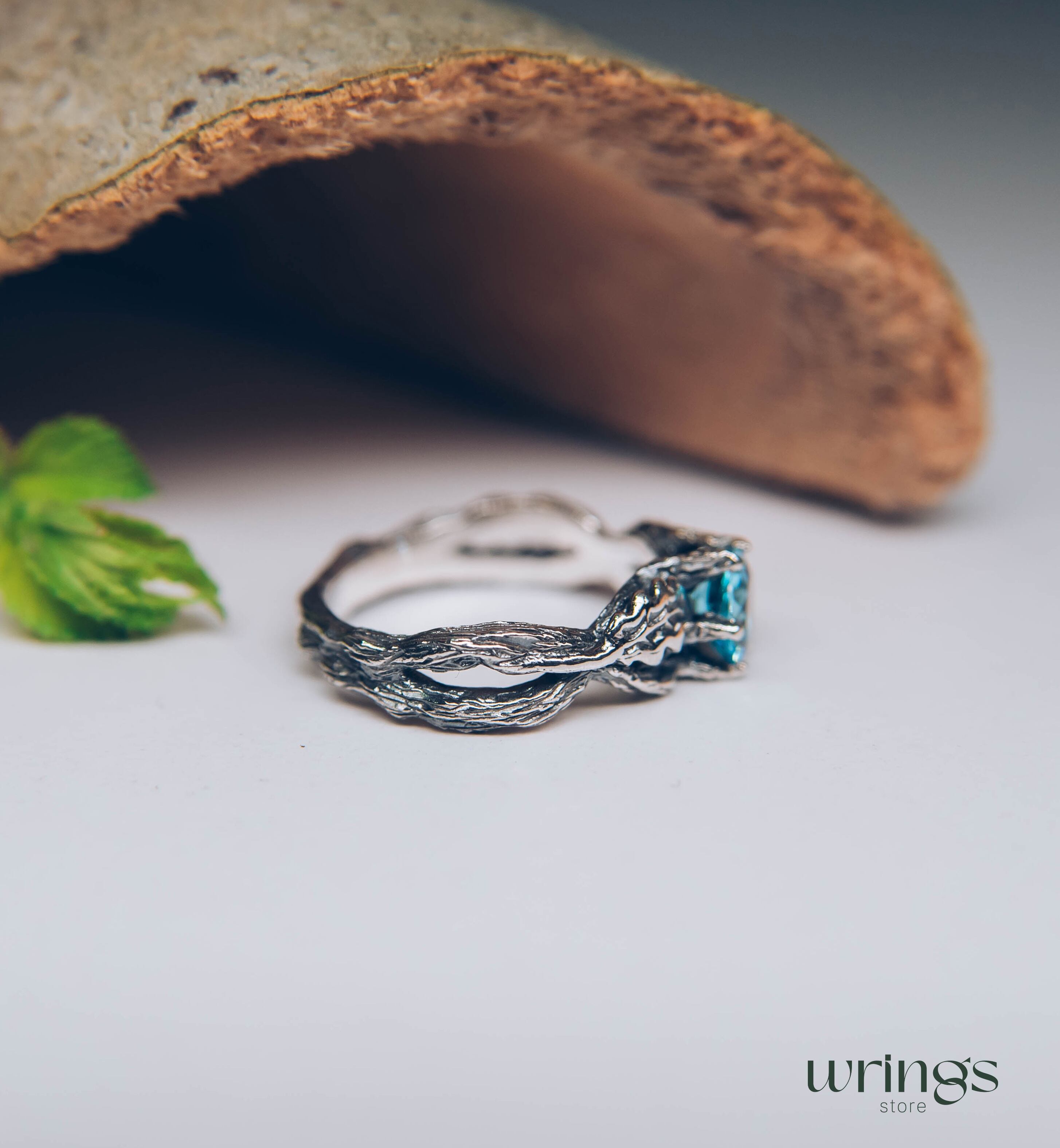 Topaz Engagement Ring — Silver Braided Branch and oak Leaves