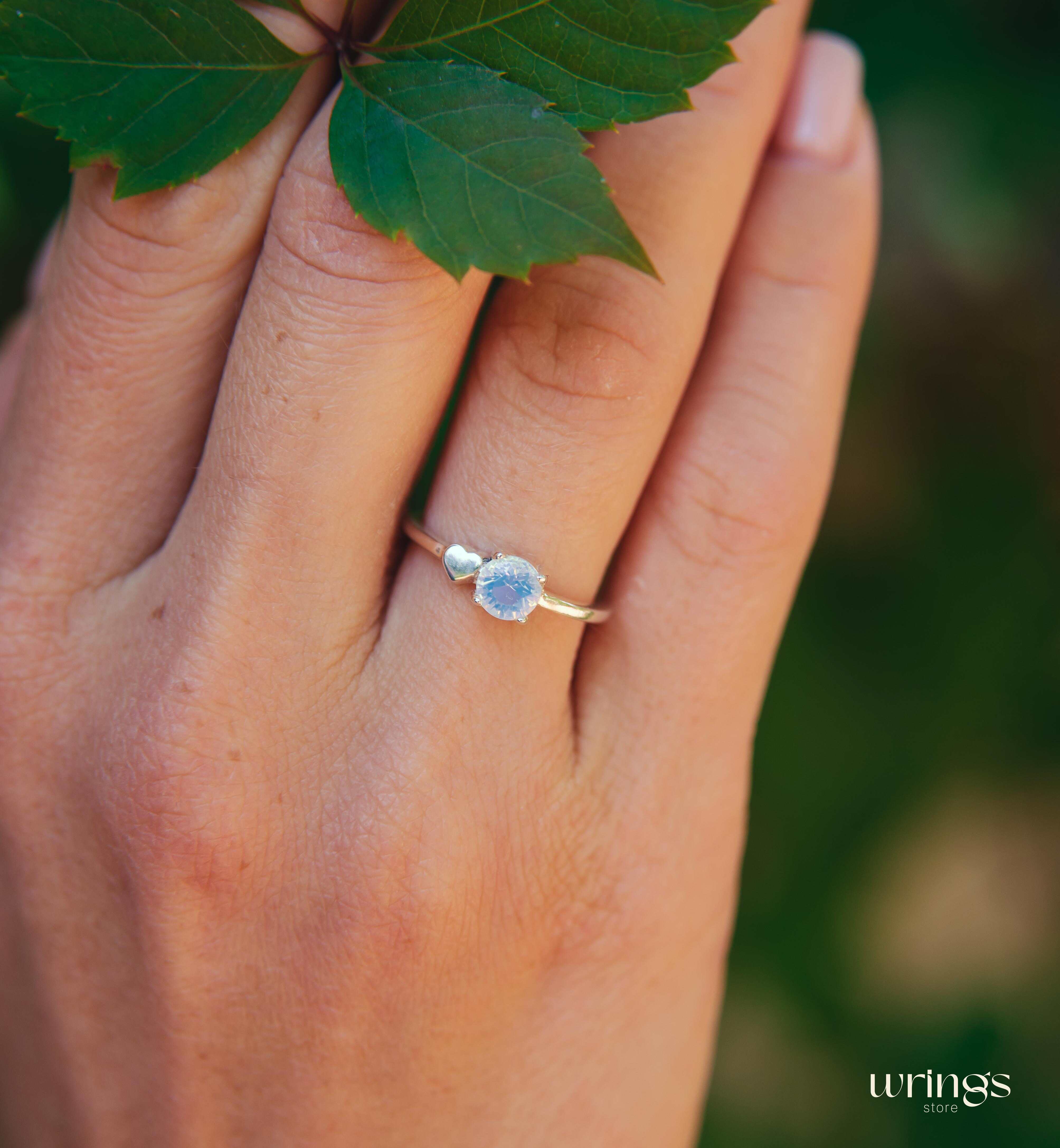 Moonstone June Birth Stone Ring Silver & Side Heart