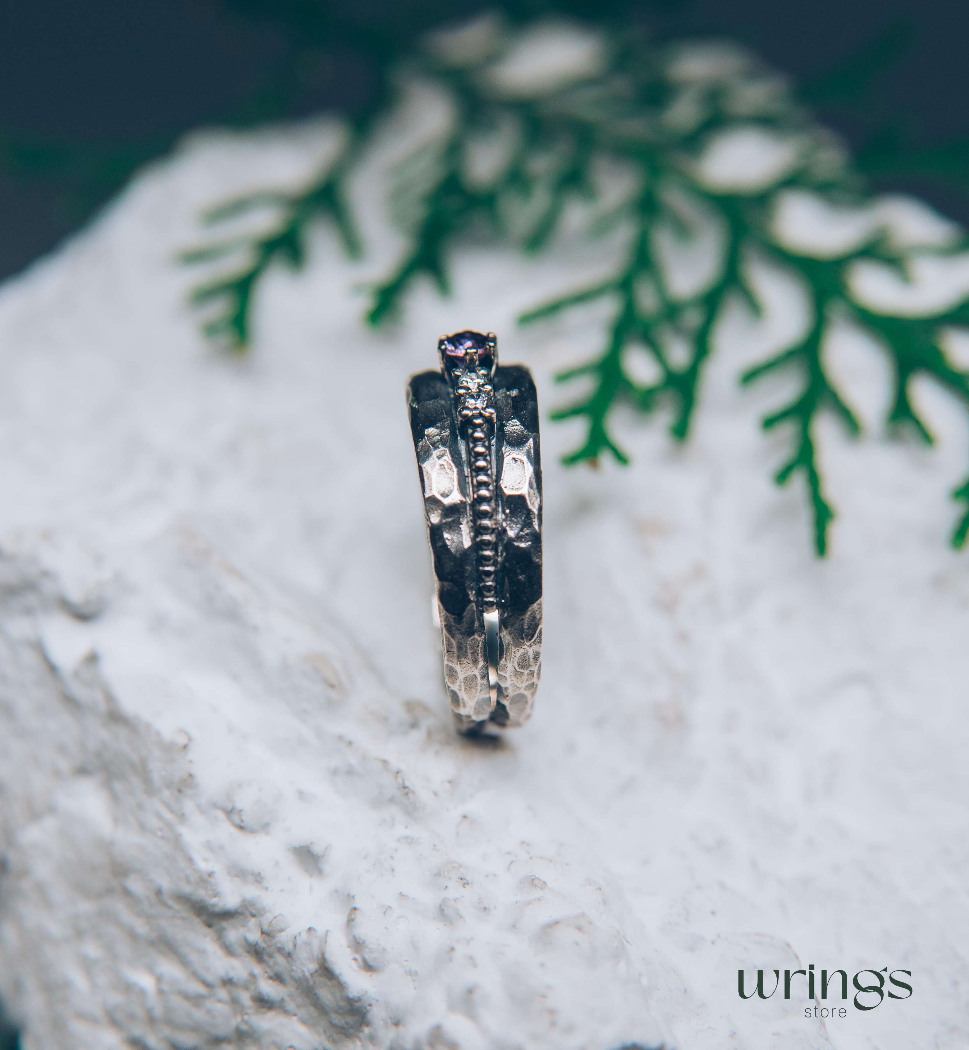 Unique Silver Women's Hammered Ring with Amethyst and CZ