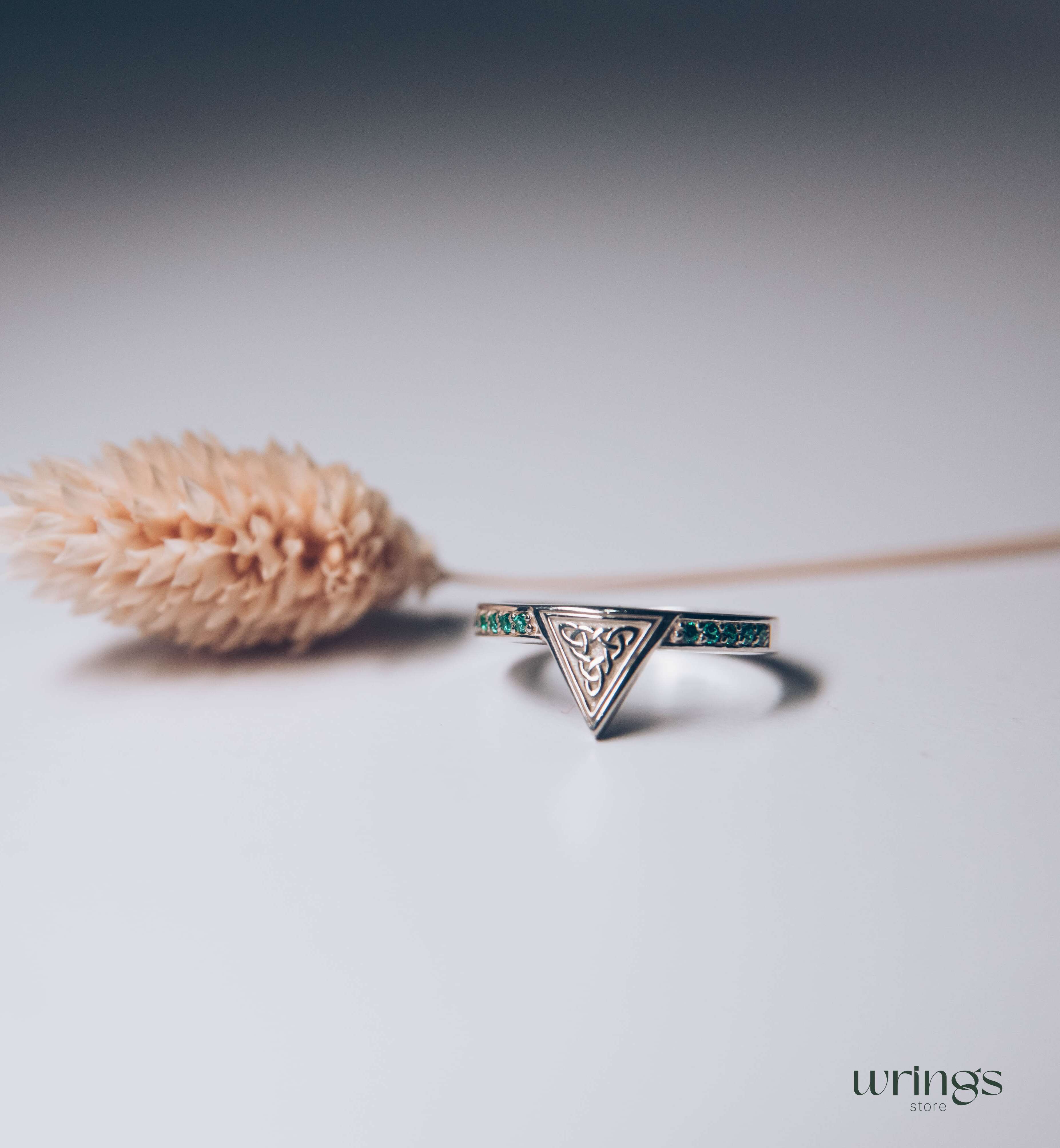 Engraved Celtic Trinity Triangle Ring with Side Emeralds