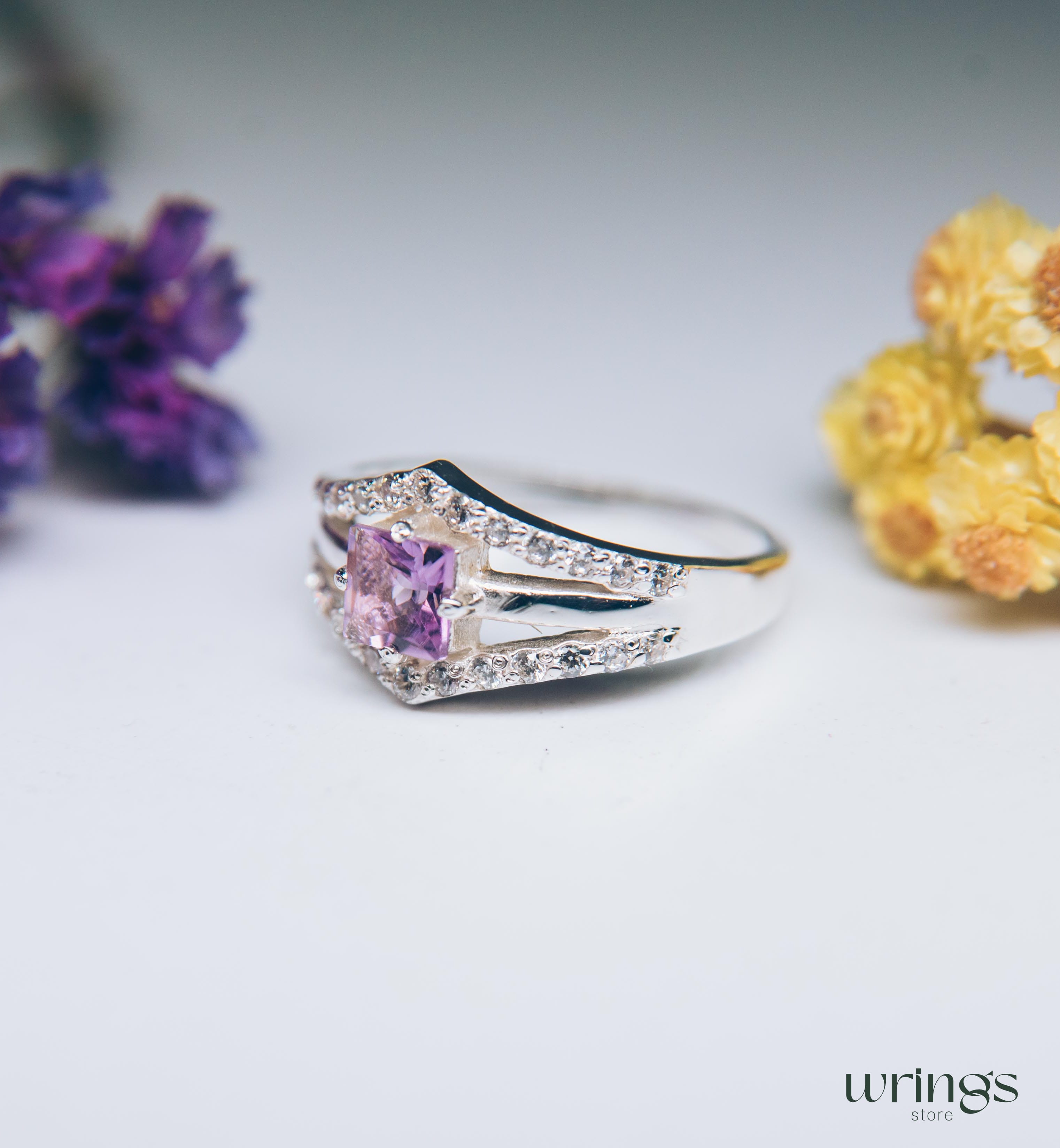 Square Amethyst Statement Ring Silver Double V shaped