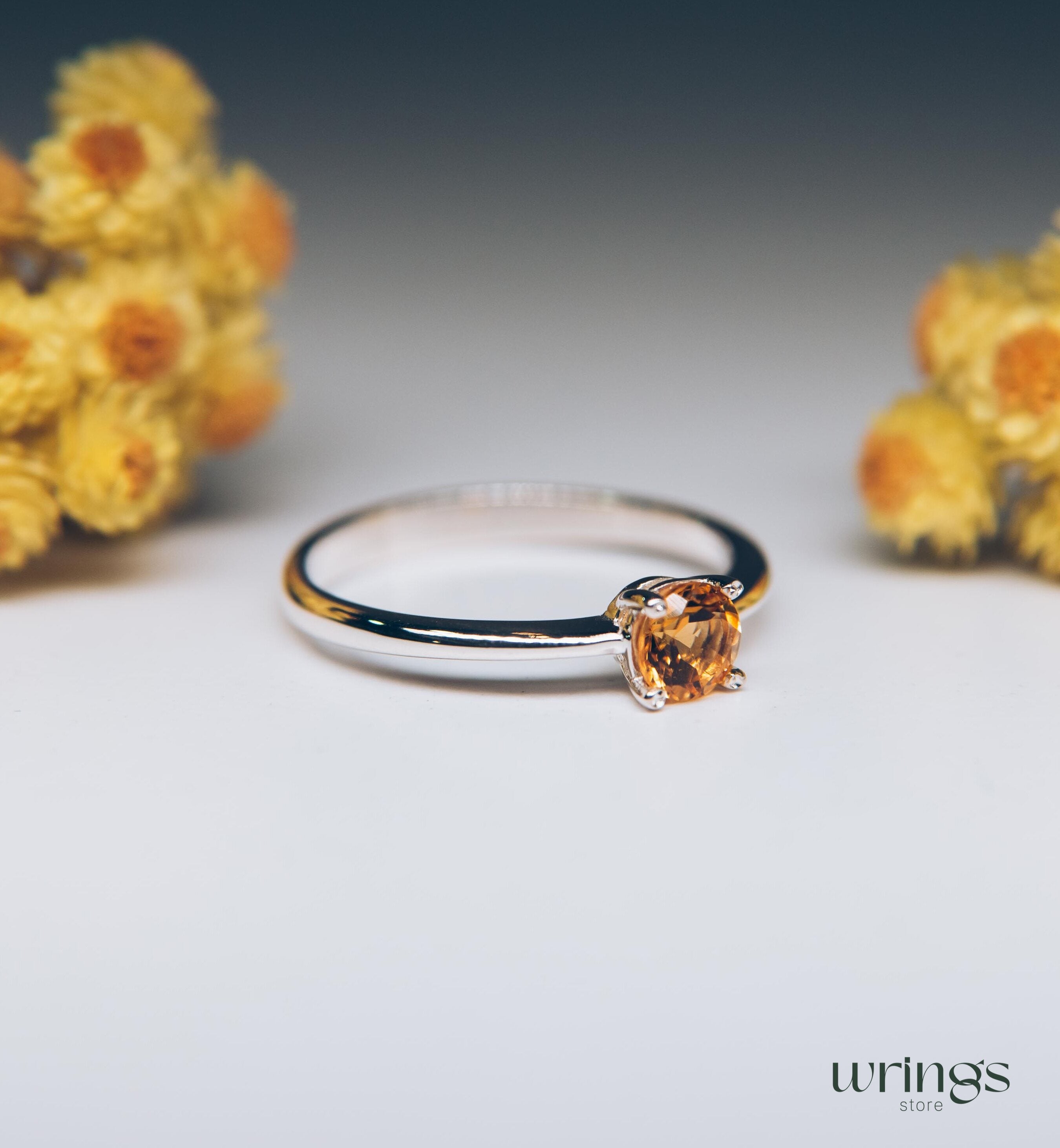 Yellow Citrine Classic Silver Solitaire Engagement Ring