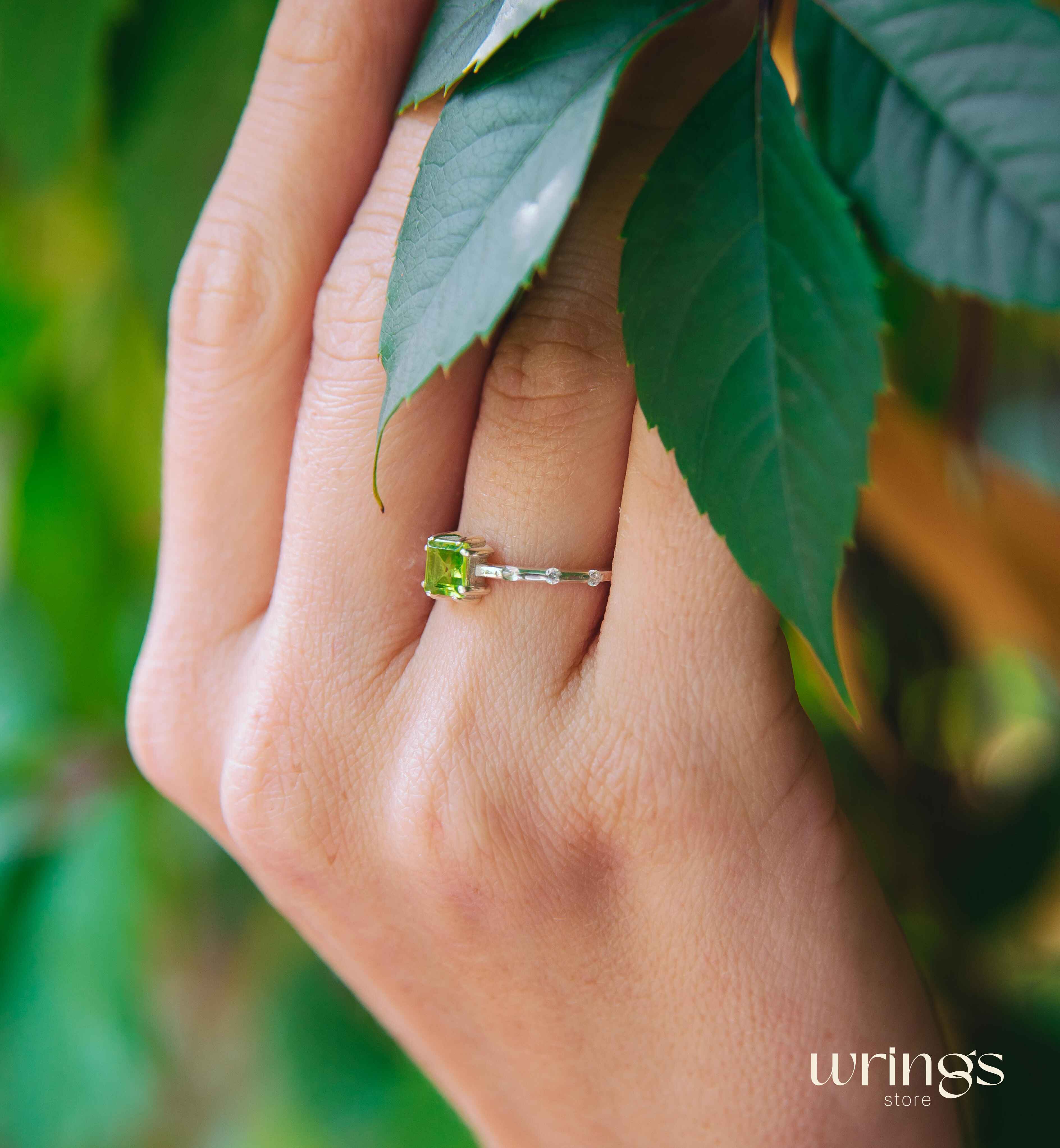 Central Square Peridot Side Stone Engagement Ring Silver