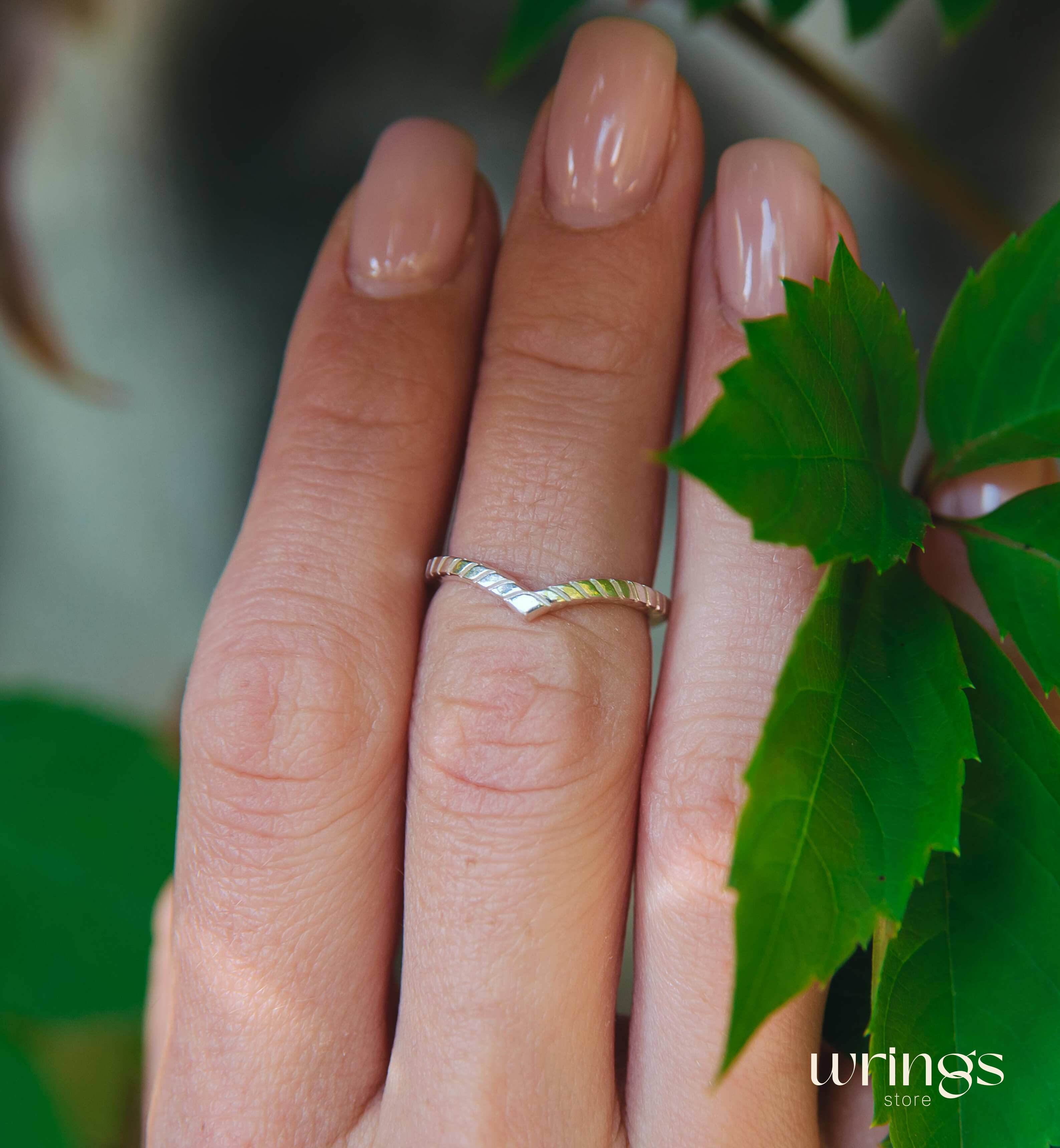 Chevron Wedding Ring Unique Serif Silver Band