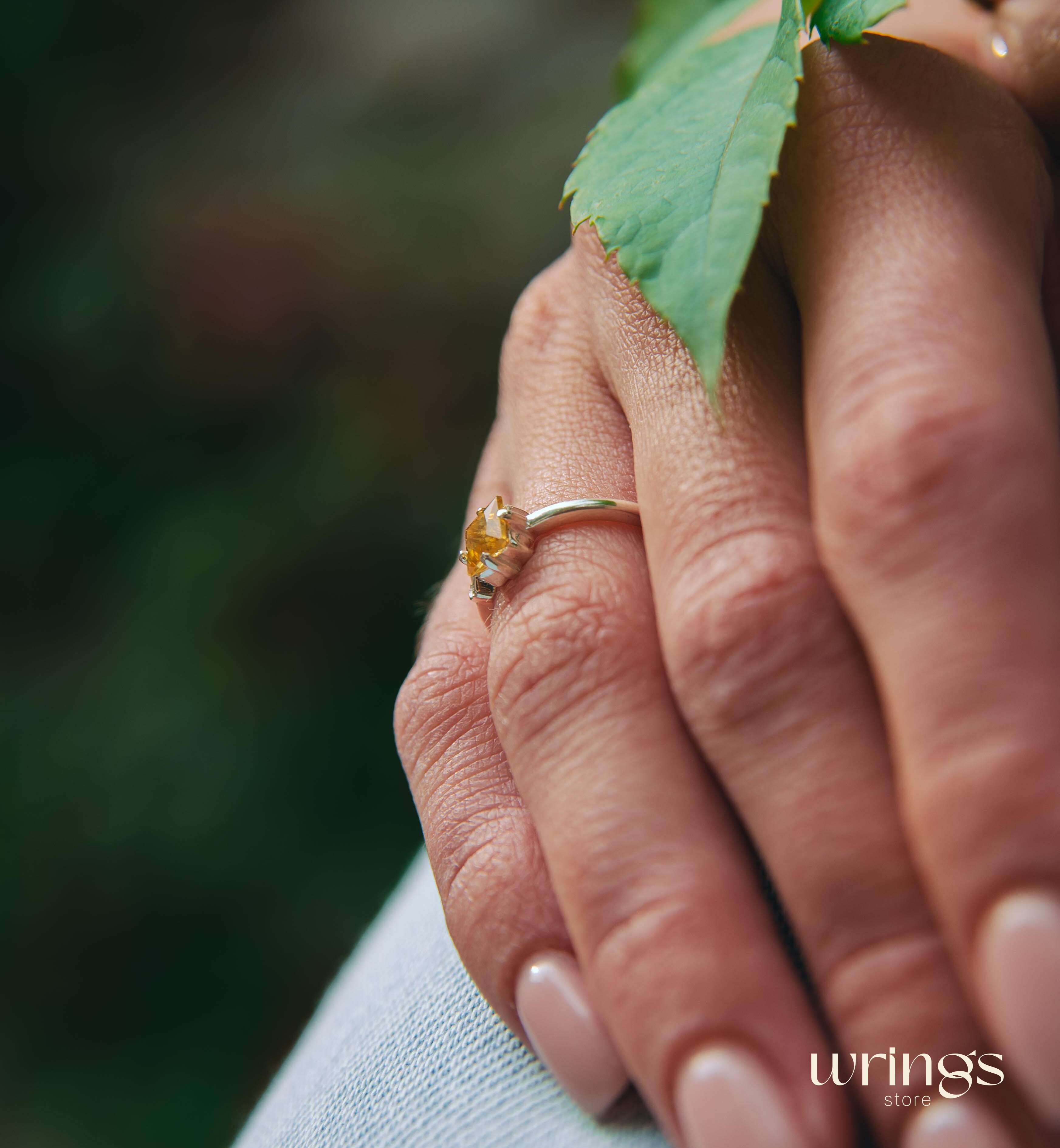 Square Citrine Silver Ring & White Stone in Side Heart