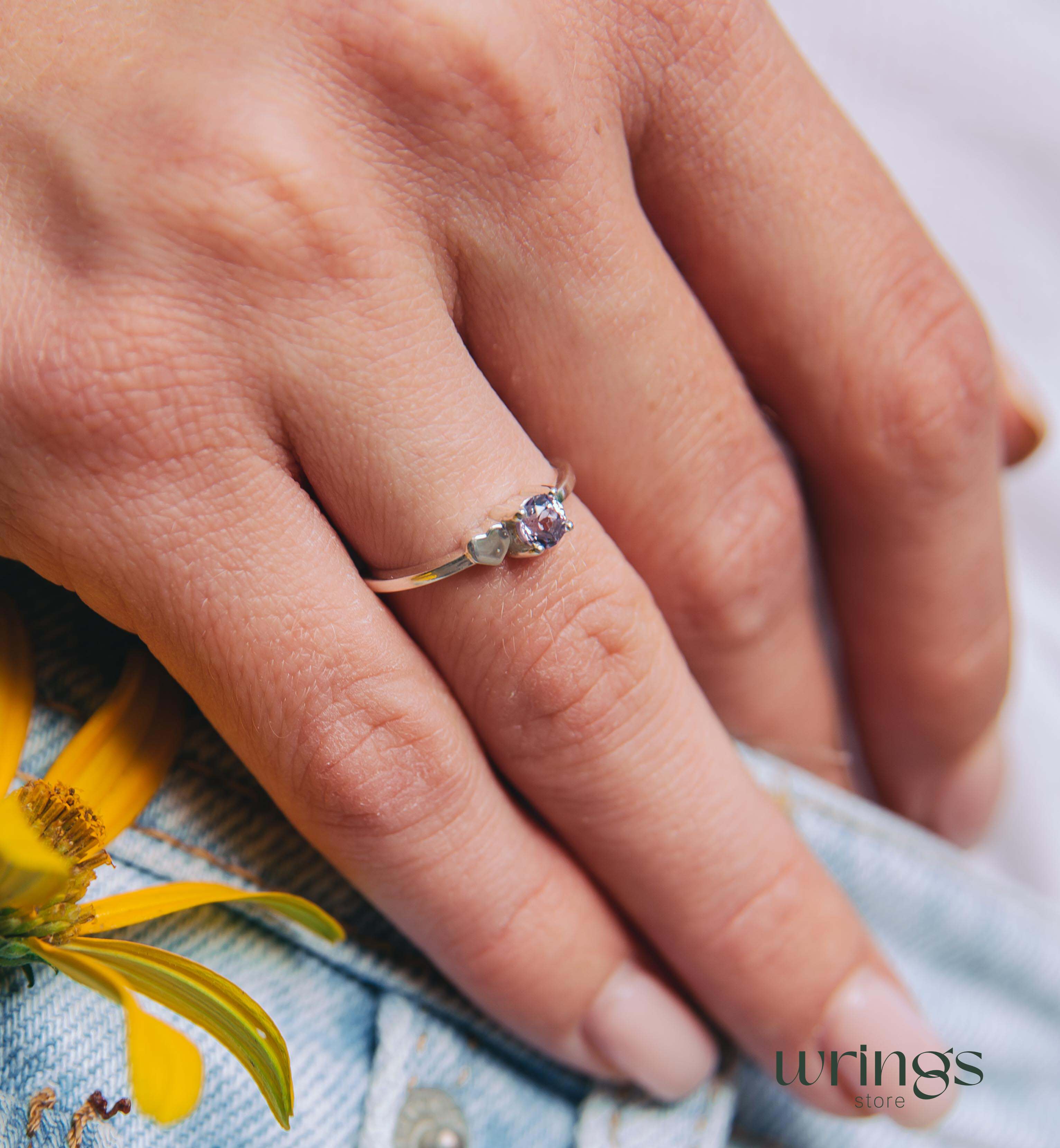 Round Purple Alexandrite Engagement Ring Silver & Heart