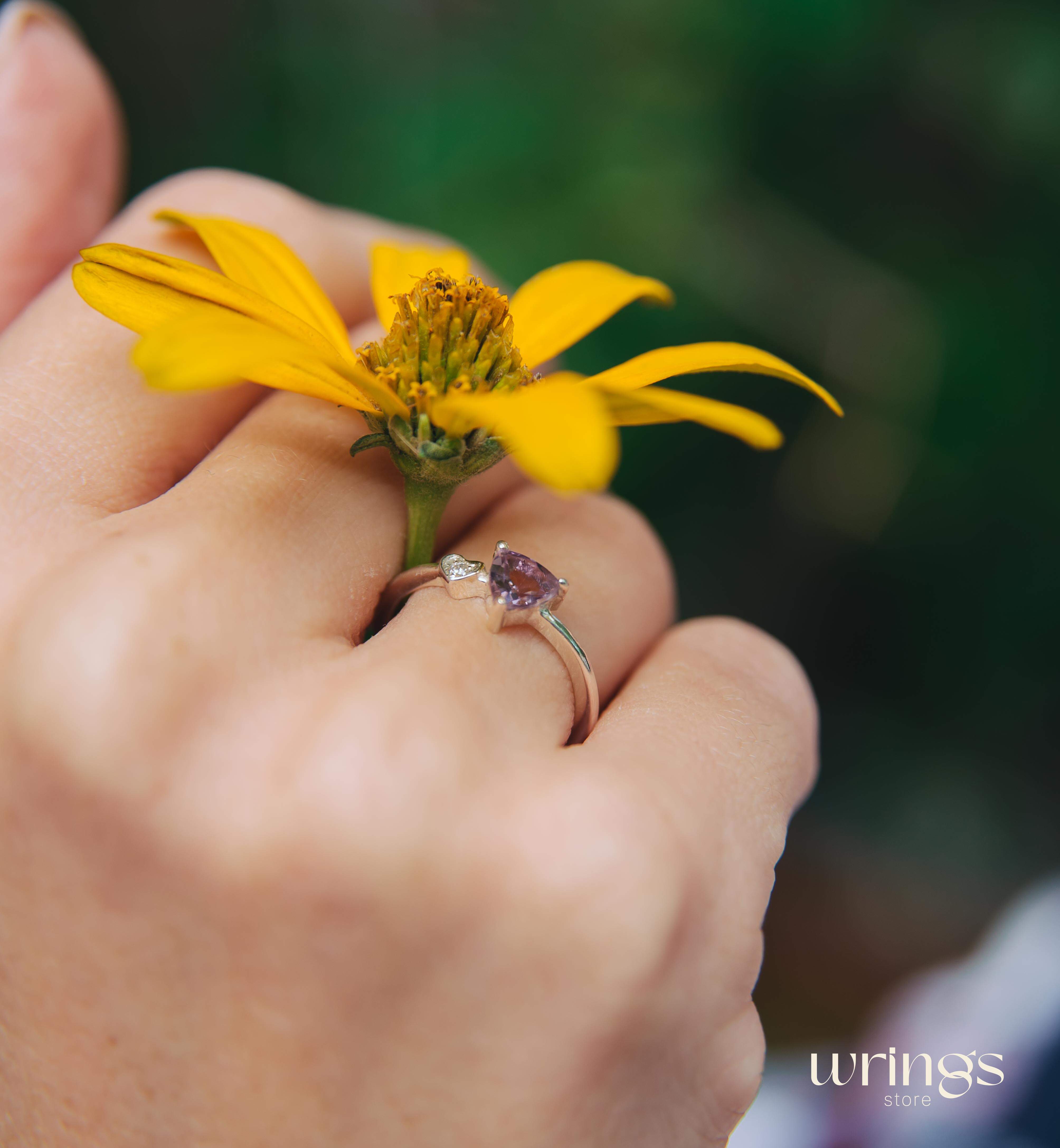 Trilliant Amethyst Silver Ring & White Stone in Side Heart